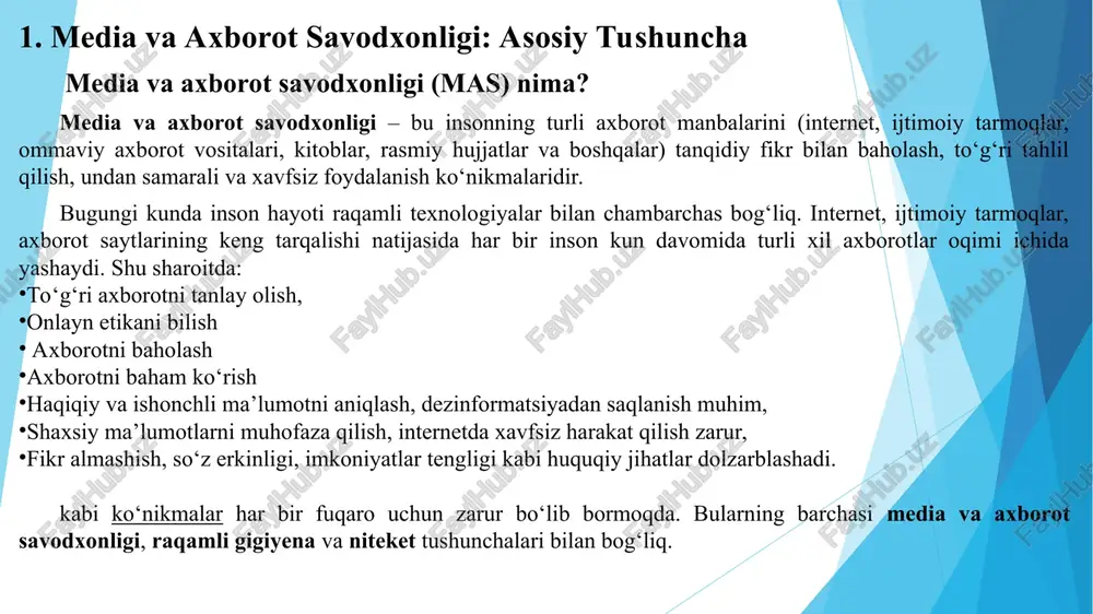i. jamiyatdagi fikrlar, qarorlar noto‘g‘ri axborot asosida shakllanmoqda. 2. raqamlashuv davrining asosiy talabi sifatida mas tez va keng tarqalayotgan axborot internet, ijtimoiy tarmoqlar, multimedia vositalari orqali axborotlar juda tez tarqaladi. bu so‘zlar, tasvirlar, videolar, ovoz va boshqalar shaklida bo‘ladi. shu sababli savodxonlik — ayniqsa tanqidiy fikrlash va manbalarni tekshirish muhim. shaxsiy ma’lumotlarni muhofaza qilish tarmoqda ism, telefon raqami, elektron pochta, biometrik ma’lumotlar kabi ma’lumotlar keng tarqaladi. ularni noqonuniy ishlatish, firibgarlik, identifikatsiya o‘g‘irlamasi kabi xavflar mavjud. dezinformatsiya va manipulyatsiya fake news, clickbait, propagandalar, manipulyativ kontent — bular ommaviy axborot vositalarida va ijtimoiy tarmoqlarda keng uchraydi. masalan, post‑truth (post‑haqiqat) tendensiyasi. huquqiy va siyosiy masalalar axborot erkinligi, so‘z erkinligi, internetga kirish huquqi, tarmoqda anonimlik yoki shaxsiy ma’lumotlarning himoyasi kabi huquqiy jihatlar muhim o‘rin oladi. raqamli inqilob sharoitida nima o‘zgarayotgani: axborot oqimi keskin oshdi; har bir inson ijtimoiy tarmoq orqali axborot tarqatuvchiga aylandi; sun’iy intellekt, algoritmlar, va reklama tizimlari orqali manipulyativ axborotlar ko‘paydi. shu …