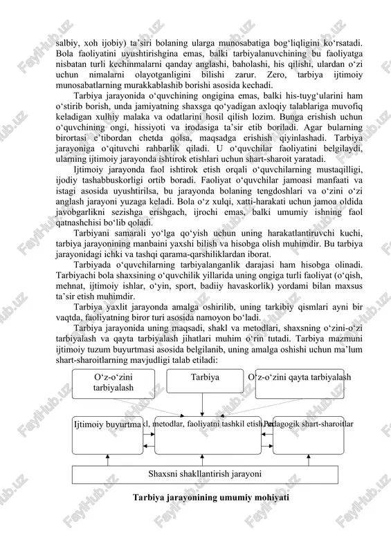 alanuvchining ongi shakllana boradi, his-tuyg‘ulari rivojlanadi, ijtimoiy hayot uchun zarur bo‘lgan ijtimoiy aloqalarni tashkil etishga xizmat qiladigan xulqiy odatlar hosil bo‘ladi. tarbiya jarayonida bolalarning hayoti va faoliyatini pedagogik jihatdan to‘g‘ri uyushtirish g‘oyat muhimdir. faoliyat jarayonida bola tashqaridan kelayotgan tarbiyaviy ta’sirlarga nisbatan ma’lum munosabatda bo‘ladi. bu munosabat shaxsning ichki ehtiyoj va xohishlarini ifodalaydi. psixolog va pedagoglarning tadqiqotlari shaxsga tashqi omillarning (xoh salbiy, xoh ijobiy) ta’siri bolaning ularga munosabatiga bog‘liqligini ko‘rsatadi. bola faoliyatini uyushtirishgina emas, balki tarbiyalanuvchining bu faoliyatga nisbatan turli kechinmalarni qanday anglashi, baholashi, his qilishi, ulardan o‘zi uchun nimalarni olayotganligini bilishi zarur. zero, tarbiya ijtimoiy munosabatlarning murakkablashib borishi asosida kechadi. tarbiya jarayonida o‘quvchining ongigina emas, balki his-tuyg‘ularini ham o‘stirib borish, unda jamiyatning shaxsga qo‘yadigan axloqiy talablariga muvofiq keladigan xulhiy malaka va odatlarini hosil qilish lozim. bunga erishish uchun o‘quvchining ongi, hissiyoti va irodasiga ta’sir etib boriladi. agar bularning birortasi e’tibordan chetda qolsa, maqsadga erishish qiyinlashadi. tarbiya jarayoniga o‘qituvchi rahbarlik qiladi. …