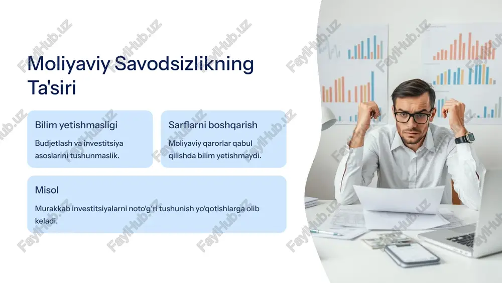 h xavflari. misol bir kompaniyaning aksiyalariga katta miqdorda sarmoya kiritish. 9 xulosa va tavsiyalar tavsiyalar moliyaviy savodxonlikni oshiring rejalashtirish va budjetlashni unutmang sug‘urta bilan himoyalaning keyingi qadamlar moliyaviy xatolardan saqlanish strategiyalarini ishlab chiqing. savol-javob va muhokama uchun tayyor turing. 10 image1.png image2.png image3.png image4.png image5.png image6.png image7.png image8.png image9.png image10.png image11.png image12.png image13.png image14.png image15.png image16.png