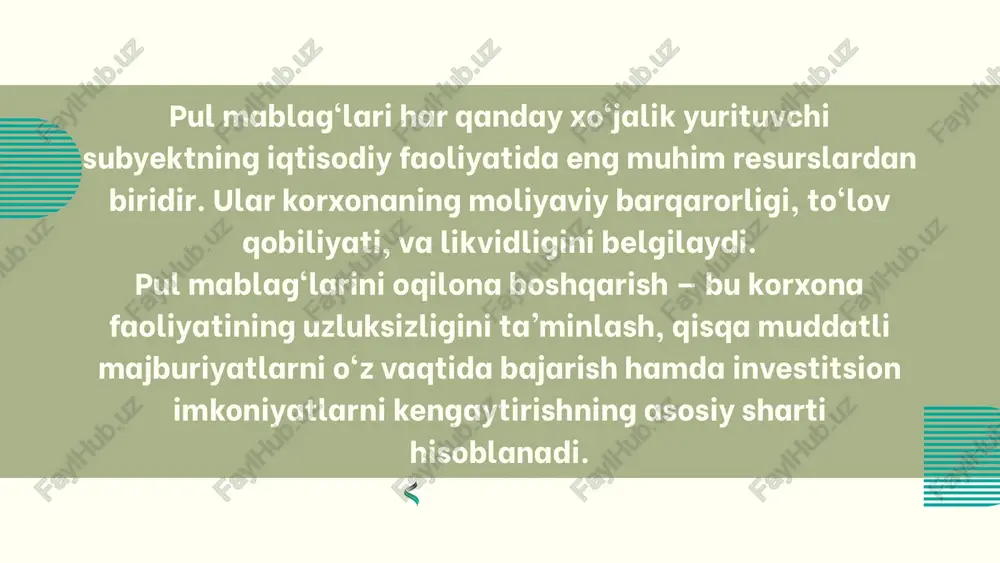 natijasiga ko‘ra: agar kassadagi naqd pul ulushi juda katta bo‘lsa — bu mablag‘lar aylanmadan chiqib qolganini bildiradi, bu foydasiz resurs hisoblanadi. agar hisob-kitob schyotidagi mablag‘lar ulushi yuqori bo‘lsa — korxonaning to‘lov qobiliyati barqaror ekanligini ko‘rsatadi. valyuta schyoti ulushi eksport-import operatsiyalari ulushiga bog‘liq bo‘ladi. pul mablag‘lari dinamikasi tahlili pul mablag‘lari dinamikasi — bu korxonaning ma’lum davr (oy, chorak, yil) mobaynida pul resurslarining o‘sishi yoki kamayishi jarayonini o‘rganishdir. 🔹 dinamik tahlilning maqsadi: pul mablag‘lari harakatini vaqt bo‘yicha kuzatish; tushumlar va chiqimlar o‘rtasidagi tafovutni aniqlash; pul oqimlarining barqarorligini baholash; likvidlik darajasining o‘zgarishini aniqlash. pul oqimlari balansi (sof pul oqimi): sofpuloqimi=pultushumlari–pulchiqimlarisof pul oqimi = pul tushumlari – pul chiqimlarisofpuloqimi=pultushumlari–pulchiqimlari musbat bo‘lsa — korxona faoliyati foydali, manfiy bo‘lsa — likvidlik muammosi mavjud. pul mablag‘lari aylanish koeffitsiyenti: k=pultushumlario‘rtachapulmablag‘larik = \frac{pul tushumlari}{o‘rtacha pul mablag‘lari}k=o‘rtachapulmablag‘laripultushumlari​ bu ko‘rsatkich korxona pul mablag‘laridan qanchalik tez foydalanayotganini ko‘rsatadi. 1 pul mablag‘lari harakatining asosiy manbalari kirish oqimlari (tushumlar): mahsulot, ish va xizmatlar sotishdan …
