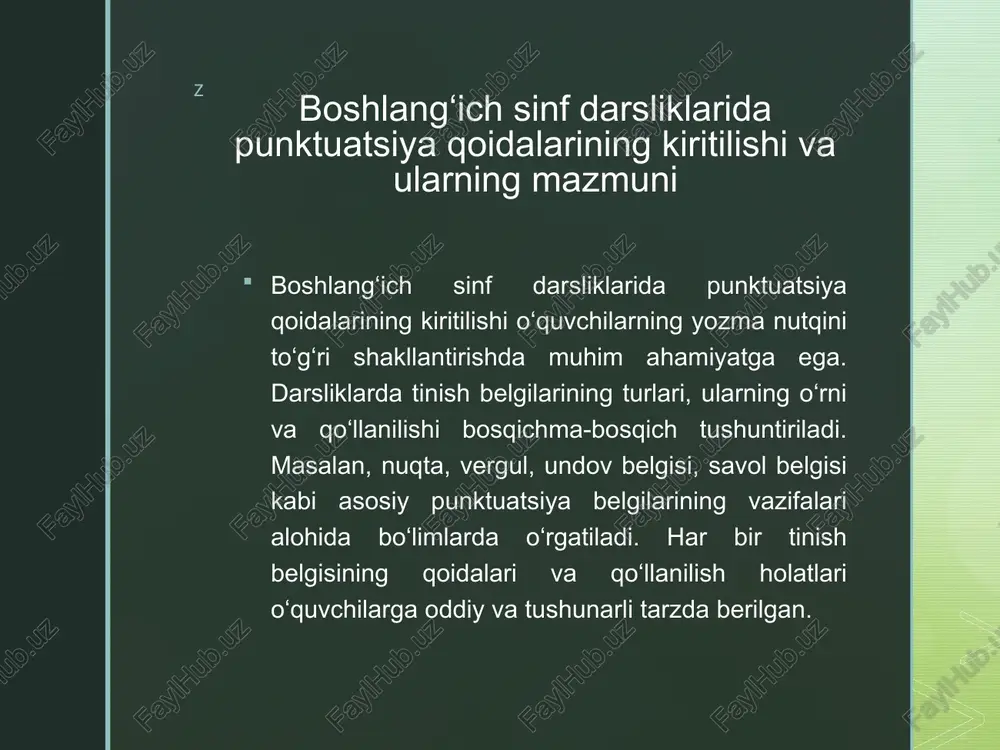 yicha tushuntirishlarning samaradorligi boshlang‘ich sinf darsliklarida punktuatsiya bo‘yicha tushuntirishlarning samaradorligi darslik mazmuni va metodikasiga bog‘liq. o‘quvchilarga punktuatsiya qoidalari oddiy va tushunarli tilda yetkazilishi zarur. darsliklarda berilgan izohlar va tushuntirishlar ko‘pincha vizual materiallar — diagrammalar, rasmlar yoki rangli ko‘rsatkichlar bilan boyitilgan. bu o‘quvchilarning diqqatini jalb qilib, murakkab grammatik qoidalarni o‘zlashtirishni osonlashtiradi. z shuningdek, darsliklarda punktuatsiya qoidalarini bosqichma-bosqich o‘rgatish tamoyiliga e’tibor qaratilgan. bu esa o‘quvchilarga qoidalarni amalda qo‘llash ko‘nikmasini rivojlantirishga yordam beradi. shu bilan birga, ba’zi darsliklarda tushuntirishlar yetarlicha sodda bo‘lmasligi yoki ortiqcha ma’lumot berilishi o‘quvchilarning chalg‘ishiga sabab bo‘lishi mumkin. shuning uchun darsliklarni tahlil qilish jarayonida bunday kamchiliklarni aniqlash va bartaraf etish zarur. z boshlang‘ich sinf darsliklaridagi punktuatsiya mavzularining bosqichma-bosqich o‘zlashtirilishi boshlang‘ich sinflarda punktuatsiya mavzularini bosqichma-bosqich o‘zlashtirish ta’lim jarayonining samaradorligini oshiradi. darsliklarda punktuatsiya qoidalari boshlang‘ich bosqichda oddiy tinish belgilaridan boshlab, keyinchalik murakkabroq qoidalarga o‘tish orqali beriladi. bu tizimli yondashuv o‘quvchilarning qoidalarni tushunish va eslab qolish qobiliyatini oshiradi. z misollar, mashqlar va mustaqil …