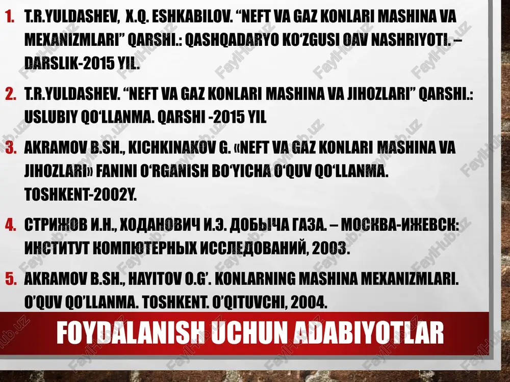j qilinadi. boshqa sharoitlarda quduqlarga suyuqlik yoki gazni haydashda qo’llaniladi, haydovchi jihozlar deb ataladi iii guruh. yer osti ta’mirida, o’zlashtirishda va ishlov berishda qo’llaniladigan jihozlar quduqni ishlatishning butun davri davomida qo’llaniladi, ishlatish jihozlari orqali quduqqa tushiriladi. birinchi holatda yer osti ta’miri kapital ta’mirlash, ikkinchidan esa – quduqni joriy ta’mirlash deyiladi. bundan tashqari shu guruhdagi jihozlar orqali quduq kapital ta’mirdan keyin ba’zida esa burg’ilangandan so’ng o’zlashtiriladi. bu guruhdagi jihozlardan quduqlarni favvora, gazlift yoki nasos ko’targichlar yordamida jihozlashda ham foydaniladi iv guruh. neft va gaz qazib olishni jadallashtirishda va qatlamlarni neft beruvchanligini kuchaytirishda qo’llaniladigan jihozlar va inshootlar. bu jihozlarning keng qo’llanilishi natijasida konlarni ishlatish muddati qisqartiriladi hamda qoldiq neft va gazni olish miqdori oshiriladi. v guruh. quduq mahsulotlarini yig’ish jihozlari va inshootlari neft, gaz, suvni va aralashmalarni ajratish, neft, gaz, gazkodensatlarni o’lchash va dastlabki tayyorlashda qo’llaniladi. bu guruhdagi jihozlar yer ustida, asosan konning territoriyasida joylashtiriladi vi guruh. dengizda neft, gaz va gaz …