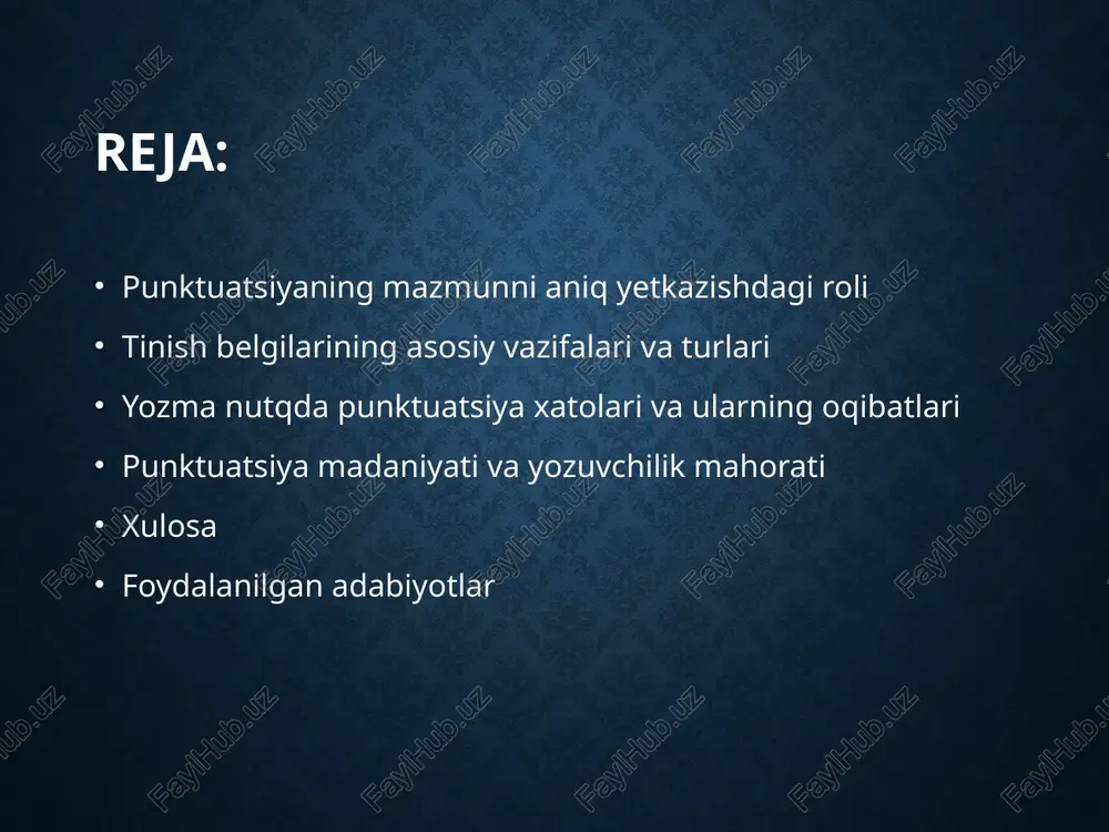 isi, ikki nuqta, nuqtali vergul, chiziq (tire), qavs, qo‘shtirnoq, ellipsis (uch nuqta) va boshqalar. nuqta (.) gap oxirida, fikr yakunlanganda qo‘yiladi. u matnda tugallikni bildiradi. misol: “u maktabga ketdi.” vergul (,) esa gapdagi bo‘laklar orasida ajratuvchi vosita bo‘lib xizmat qiladi. u ayniqsa bir xil bo‘lakli gaplarda, qo‘shma gaplarda, kirish so‘zlardan keyin qo‘llaniladi. masalan: “ota-onam, ustozlarim, do‘stlarim – barchasi menga suyanch bo‘lishdi.” savol belgisi (?) savol gaplar oxirida qo‘yiladi. “siz bugun maktabga bordingizmi?” undov belgisi (!) esa his-tuyg‘u, buyruq, hayrat, shoshilinchlik ifodalangan gaplar oxirida ishlatiladi. “voy, nima bo‘ldi!” ikki nuqta (:) biror ro‘yxat, izoh yoki tushuntiruvchi gaplar oldidan qo‘yiladi. “u quyidagilarni olib keldi: daftar, qalam, kitob.” nuqtali vergul (;) mustaqil bo‘laklar orasida yoki mazmunan yaqin gaplar orasida ishlatiladi. “o‘qituvchi sinfga kirdi; hamma o‘rniga o‘tirdi.” chiziq (–) esa izohlovchi gaplar, nutq egalari yoki kesim o‘rnida ishlatiladi. “hayot – kurash.” qavs (()) – qo‘shimcha, izohli yoki sharhlovchi ma’lumotlar uchun ishlatiladi. “qo‘qon (farg‘ona vodiysida …