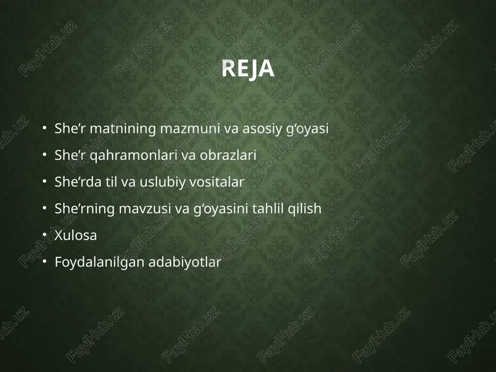 adi. bu elementlar she’r ruhiyatini, uning muallifiy yo‘nalishini tushunishda yordam beradi. she’rda til va uslubiy vositalar she’r tahlilining yana bir muhim qismi — til va uslubiy vositalarni o‘rganishdir. she’rda ishlatiladigan so‘zlar, ularning tartibi, ritm va ohang she’r mazmuni va g‘oyasini ifodalashda katta rol o‘ynaydi. ko‘pincha she’rda metafora, metonimiya, takrorlash, qiyos va boshqa badiiy vositalar keng qo‘llaniladi. metafora va boshqa badiiy vositalar she’rni yanada boyitadi, uni o‘quvchiga esda qolarli va ta’sirchan qiladi. masalan, “daryo” hayot yo‘lini, “gul” esa go‘zallik va sevgi ramzini bildirishi mumkin. shu tarzda har bir so‘zning ramziy ma’nosi tahlil qilinadi. she’rning uslubi uning hissiy yukini oshiradi, ba’zida ritmik va qafiyali shakllar she’rni o‘qishni yanada yoqimli qiladi. shuning uchun til va uslubiy vositalar she’r matni tahlilida ajralmas qism hisoblanadi. she’rning mavzusi va g‘oyasini tahlil qilish she’rning mavzusi uning asosiy mazmuniy yo‘nalishini belgilaydi. mavzu o‘quvchiga she’r orqali muallif qanday fikr yoki hissiyotlarni yetkazmoqchi ekanligini ko‘rsatadi. she’r mavzusi ko‘pincha sevgi, tabiat, …
