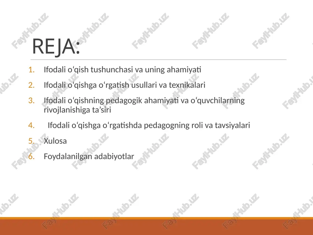 sh, talaffuz va pauzalarga e’tibor berishni o‘rgatadi. bundan tashqari, o‘quvchilarga matnning mazmunini tushunish uchun savol-javob usuli, muhim so‘zlar va iboralarni aniqlash, obrazli so‘zlar ustida ishlash orqali ifodali o‘qish qobiliyatini rivojlantirish mumkin. o‘qishdan oldin matn haqida qisqacha muhokama qilish yoki uning asosiy g‘oyasini tushuntirish ham samarali bo‘ladi. shuningdek, dramatizatsiya va rolli o‘yinlar yordamida o‘quvchilarning hissiy ifoda va nutq madaniyati yanada oshiriladi. matnni jonlantirish, obrazlarni ifodalash orqali o‘quvchilar ifodali o‘qishga yanada qiziqish bilan yondashadilar. pedagoglar ovoz balandligi, intonatsiya, pauzalar, urg‘u kabi elementlarni alohida ko‘rsatib o‘rgatishlari lozim. ifodali o‘qishning pedagogik ahamiyati va o‘quvchilarning rivojlanishiga ta’siri ifodali o‘qish pedagogik jarayonda nafaqat til o‘rgatishda, balki o‘quvchilarning mantiqiy fikrlash va ijodiy ko‘nikmalarini rivojlantirishda muhim vosita hisoblanadi. ifoda orqali o‘quvchilar o‘z fikrlarini aniq yetkazishni o‘rganadilar, bu esa ularning o‘z-o‘zini ifodalash va muloqotda muvaffaqiyatga erishishlariga yordam beradi. ifodali o‘qish o‘quvchilarning o‘ziga bo‘lgan ishonchini oshiradi, ular oldida nutq so‘zlashga bo‘lgan qo‘rquv kamayadi. bu esa ijtimoiy faoliyatda, ta’lim jarayonida faol …