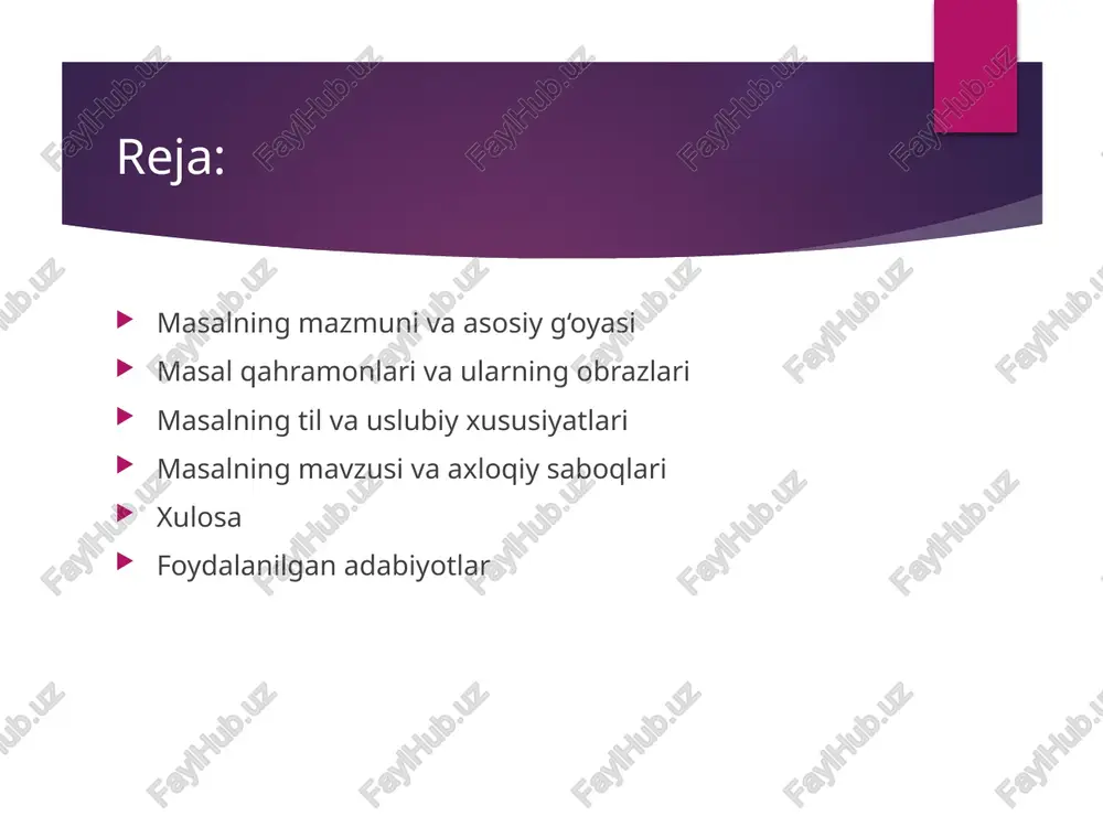 i va uslubidir. masal tilining asosiy xususiyati — sodda, tushunarli va xalq og‘zaki nutqiga yaqin bo‘lishidir. bu til orqali masalning axloqiy sabog‘i osonlik bilan yetkaziladi. masalda ko‘pincha takrorlanish, izchillik, oddiy so‘zlar va ifodalar ishlatiladi. takroriy iboralar o‘quvchida yaxshiroq esda qoladi va masalning ahamiyatini oshiradi. uslub jihatdan masal qisqa va ravon, ravonlik o‘quvchi diqqatini saqlashda muhim rol o‘ynaydi. shuningdek, masalda ko‘plab ertak va hikoya elementlari, ya’ni dialoglar, hayvonlar orqali insoniy fazilatlarni ifodalash usullari mavjud. bu uslubiy vositalar masalni o‘quvchi uchun yanada qiziqarli va ta’sirli qiladi. masalning mavzusi va axloqiy saboqlari masalning mavzusi ko‘pincha hayotiy va axloqiy masalalarga bag‘ishlanadi. masal orqali insoniy qadriyatlar, halollik, mehnatsevarlik, dono bo‘lish, yordam berish, yaxshilik qilish kabi mavzular ochib beriladi. bu mavzular yosh avlodning tarbiyasida muhim o‘rin tutadi. axloqiy saboq masalning eng asosiy elementi hisoblanadi. har bir masal o‘quvchiga aniq bir xulosa chiqarishga yordam beradi. masal sabog‘i yomon xulq-atvordan tiyilish va yaxshi fazilatlarni qadrlashga undaydi. mavzu va …