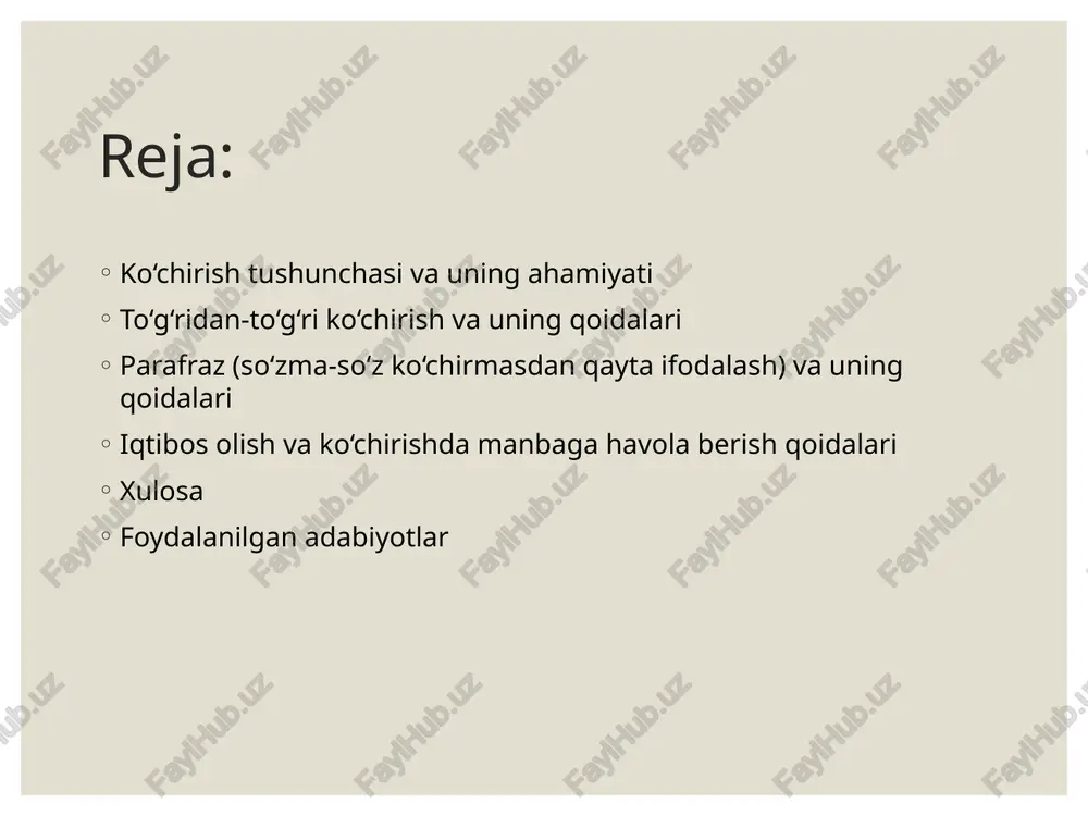 kshiriladi. ikkinchidan, to‘g‘ridan-to‘g‘ri ko‘chirishda manbaga aniq havola berilishi zarur. bu o‘quvchiga qaysi joydan olinganini tushunishga yordam beradi, shuningdek, muallifning haq-huquqini himoya qiladi. havola odatda qavs ichida, taglavhada yoki qavsdan keyin beriladi. uchinchidan, ko‘chirilgan matn qo‘shtirnoq ichida berilishi talab qilinadi. bu o‘quvchiga mazmuniy iqtibos ekanligini ko‘rsatadi. qo‘shtirnoq belgilarining to‘g‘ri qo‘yilishi va yakunlanishi muhim. to‘rtinchidan, ko‘chirish hajmi muhim ahamiyatga ega. juda katta hajmdagi ko‘chirish original matnning o‘rnini bosishi mumkin, shuning uchun qisqacha, asosiy fikrlarni ifodalovchi ko‘chirish tavsiya etiladi. nihoyat, to‘g‘ridan-to‘g‘ri ko‘chirishda imlo va punktuatsiya qoidalariga qat’iy rioya qilish kerak. bu matnning aniq va ravon o‘qilishini ta’minlaydi. matnni ko‘chirayotganda ba’zan qavslar ichida aniqlovchi izohlar qo‘shish mumkin, ammo ular asl matn mazmuniga ta’sir qilmasligi kerak. parafraz (so‘zma-so‘z ko‘chirmasdan qayta ifodalash) va uning qoidalari parafraz – bu asl matn mazmunini o‘zgartirmasdan, uni yangi so‘zlar va iboralar bilan qayta ifodalash san’atidir. o‘zbek tilida parafraz qilish ko‘p hollarda ilmiy, ta’limiy va badiiy yozishda qo‘llaniladi. parafraz qilishda asosiy …