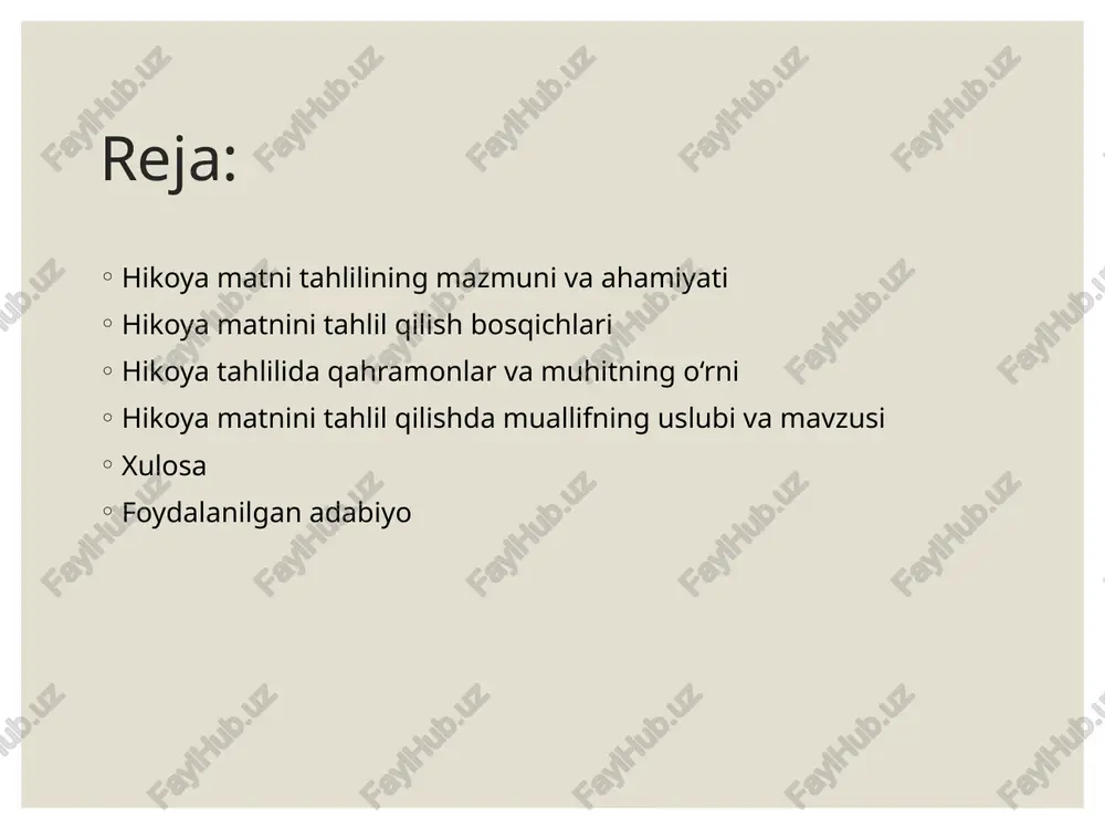 ri va so‘zlari hikoyaning umumiy g‘oyasiga qanday ta’sir qiladi, shu masalalar o‘rganiladi. bu bosqichda qahramonlarning ruhiy holati, xarakter xususiyatlari va o‘zaro munosabatlari yoritiladi. uchinchi bosqich — muallifning uslubi va til vositalarini o‘rganish. hikoya matnida qo‘llangan badiiy vositalar, tasviriy ifodalar, dialoglar, intonatsiya orqali qanday ma’no berilganini tahlil qilish muhimdir. shu bilan birga, hikoyaning joy va vaqt muhitini aniqlash ham o‘rganiladi. oxirgi bosqichda o‘quvchi asarning mavzusi va asosiy g‘oyasini umumlashtirib, hikoyaning ijtimoiy-axloqiy, falsafiy mazmunini aniqlaydi. shu tariqa hikoyaning umumiy konteksti va uning hayotiy ahamiyati tahlil qilinadi. hikoya tahlilida qahramonlar va muhitning o‘rni hikoya tahlilida qahramonlar va muhit o‘rni alohida e’tiborga loyiqdir. qahramonlar hikoyaning asosiy harakat qiluvchi kuchi bo‘lib, ular orqali muallif o‘z fikrini, xabarini o‘quvchiga yetkazadi. har bir qahramon o‘z xarakteri, fe’l-atvori, munosabatlari bilan syujetni rivojlantirishga xizmat qiladi. qahramonlarni tahlil qilishda ularning ichki olami, ruhiy holati, ichki qarama-qarshiliklari ham o‘rganiladi. qahramonlar orasidagi munosabatlar, ularning harakatlari voqealar rivojiga ta’sir ko‘rsatadi. shuningdek, qahramonlarning o‘zgarishi, …