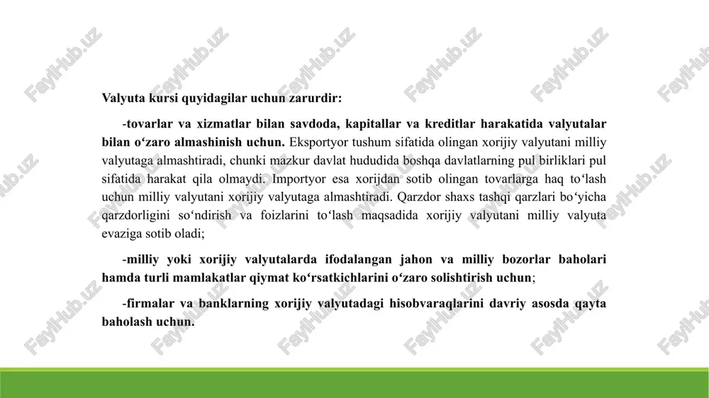 uridagi vazirlar mahkamasining 1991 yil 22 noyabrdagi 297-sonli “o‘zbekiston respublikasida chet el valyutasini erkin sotib olish va sotishni tashkil etish hamda erkin almashtiriladigan valyuta bilan savdo qilishni kengaytirish choralari haqida" gi qarori va vazirlar mahkamasining 1992 yil 29 fevraldagi 66-f-sonli farmoyishiga muvofiq, respublikaning iqtisodiy manfaatlarini himoya qilishni ta’minlash, ichki va tashqi valyuta bozori kon’yunkturasi o‘zgarishiga tezkor javob qaytarish maqsadida 1992 yil 12 mayda tashkil etilgan. birja chet el valyutani, davlat qimmatli qog‘ozlarini, moliyaviy instrumentlarni (derivativlarni) sotib olish va sotish va ular bilan bog‘liq boshqa birja operatsiyalari bo‘yicha birja savdolari, shuningdek banklararo pul bozori hamda markaziy bankning tijorat banklari bilan kredit va depozit auksionlari tashkilotchisi - respublikadagi yagona ko‘p funksiyali birja maydonchasi hisoblanadi. abror mirzo olimov markaziy bank raisining o’rinbosari “respublika valyuta birjasi” aksiyadorlik jamiyati ishini muvofiqlashtiradi. birja a’zolariga savdolarda qatnashish huquqi berilishi savdolarda qatnashish huquqi o'zrvbga a'zolik to'g'risidagi nizomda belgilangan tartibga muvofiq birja a'zolari ro'yhatiga kiritilgan, shuningdek quyidagi talablarga javob …