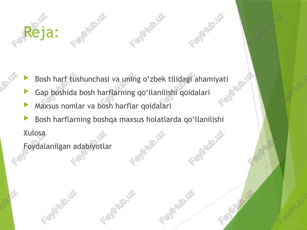 an, har qanday yangi gap, yangi paragraf boshida bosh harf bilan yoziladi. bunda gapning ma’nosi yoki uslubi muhim emas, faqat gap boshlangani uchun bosh harf qo‘yiladi. agar matnda iqtibos berilsa, iqtibosdagi birinchi so‘z ham bosh harf bilan boshlanadi. agar iqtibos ichida gap boshidan boshqa so‘z boshida bo‘lsa, u holda bosh harf qo‘llanmaydi. bu yozish madaniyati qoidalaridan biri. shuningdek, gap boshida so‘z bosh harfi katta bo‘lsa, butun gapning boshlanishi aniq bo‘ladi. bu o‘quvchi uchun matnni oson o‘qish va tushunishga yordam beradi. gap boshida bosh harf ishlatilmasligi xatolarga olib kelishi mumkin va matn o‘qishda qiyinchilik tug‘diradi. maxsus nomlar va bosh harflar qoidalari maxsus nomlar — shaxslar, joylar, davlatlar, tashkilotlar, asarlar, bayramlar va boshqa unikal ob’ektlarni ifodalovchi atamalar bo‘lib, ular bosh harf bilan yoziladi. o‘zbek tilida maxsus nomlarning bosh harflar bilan yozilishi imlo qoidalarining muhim qismidir. shaxslar ismlari, familiyalari, otasining ismi bosh harf bilan boshlanadi. masalan, alisher navoiy, nodira, muhammad al-xorazmiy kabi. bu …