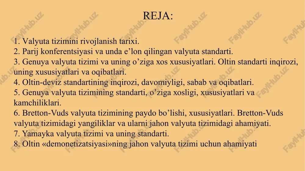 malarni sotishdan iborat bo’ldi. oltin valyuta andozasi. ushbu bosqichda pul-kredit muassasalari milliy pullarni xorijiy valyutalarga oltin andozasi asosida almashtirdilar. birinchi jahon valyuta tizimi xix asrda oltin monometallizmi asosida, oltin tanga andozasi shaklida shakllangan. parij valyuta tizimida oltin yagona jahon puli sifatida qabul qilingan. mazkur valyuta tizimi, rasmiy ravishda 1867 yilda parij konferentsiyasida tan olindi va amal qila boshladi. oltin andozasi talabiga asosan banklar milliy valyuta birligiga oltin asosini berib, milliy valyutani oltinga sotish va sotib olish majburiyatini olganlar. aqshda 1 troya untsiya oltin (31, 1 g.) = 20, 672 usd ($) buyuk britaniyada 1 troya untsiya oltin= 4,248 gbp (£) oltinning valyutalardagi qiymati valyuta kursini aniqlashga xizmat qilardi: $ 20, 672 / £ 4,248 = 4, 866 , ya’ni £ 1 = $ 4, 866 oltin tanga andozasiga tegishli xususiyatlar quyidagilardan iborat edi: tovarlar narxining oltinda hisoblanishi; oltin tangalarning erkin muomalada bo’lishi va davlat zarbxonlari tomonidan cheklanmagan tarzda tangalarni zarb …