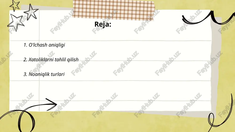 to'g'riligiga ta'sir qiladi. statistik noaniqlik esa tasodifiy xatoliklar va to'plam hajmi bilan bog’liq bo’lib, statistik tahlillarni talab qiladi. ushbu noaniqlik turlari ilmiy tadqiqotlar, muhandislik, iqtisodiyot va boshqa sohalarda muhim rol o'ynaydi va aniq qaror qabul qilish uchun tahlil qilinishi lozim. ... t.me/slaydai_bot 4. sintetik o'lchash sintetik o'lchash, zamonaviy ishlab chiqarishda keng qo'llaniladigan texnologiyalardan biri bo'lib, mahsulotning xususiyatlarini aniqlash uchun sintetik usullarni ishlatadi. ma'lumotlar sonli modellash yoki algoritmlarga asoslanib olinadi. bu o'lchash usuli ishlab chiqarish jarayonini optimallashtirish, sifatni nazorat qilish va materiallarni samarali boshqarish imkonini beradi. ayniqsa, avtomobil sanoati va aerokosmik tarmoqlarda keng qo'llaniladi. sintetik o'lchashning afzalliklari quyidagilardir: tezkor natijalar, aniq o'lchov ko'rsatkichlari va iqtisodiy jihatdan yon beruvchi echimlar. shuningdek, bu usullar inson xatolarini kamaytirishga yordam beradi. 2020-yilga kelib sintetik o'lchash texnologiyalari 25% ga oshishi kutilmoqda. ... t.me/slaydai_bot 5. o'lchash usullari zamonaviy va an’anaviy yondashuvlarni qamrab oladi. zamonaviy usullardan biri lazerli o'lchash bo'lib, bir necha millimetrgacha aniqlikda natijalar beradi. boshqa zamonaviy …