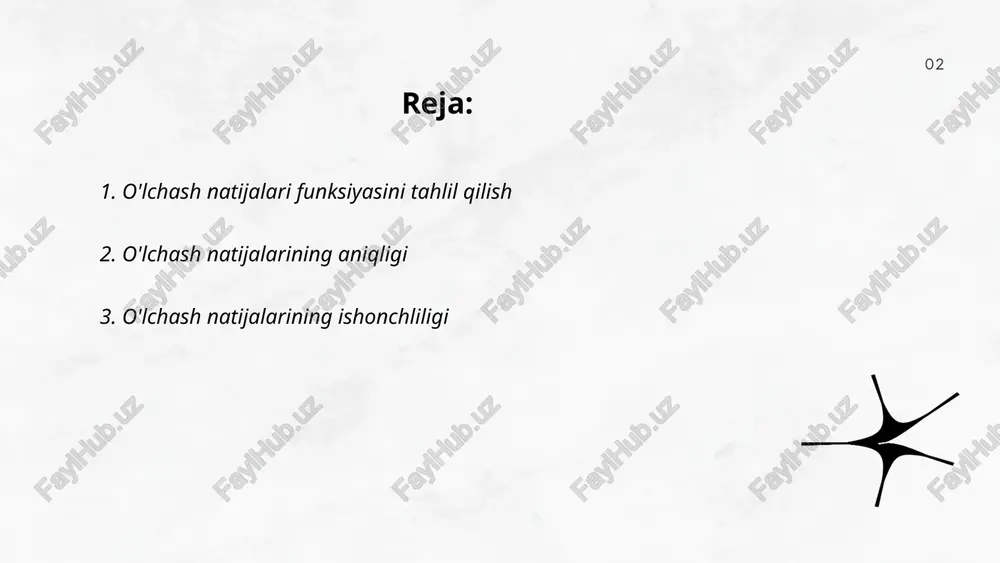 kka ta’sir etadigan asosiy ko‘rsatkichlar hisoblanadi. o'lchashlarda, odatda, xatoliklar statistik usullar bilan baholanadi va qiziqarli foizlarda ifodalanadi, masalan, 95% ishonchlilik intervallari. ushbu indikatorlar natijalarni amaliyotda qo‘llashda qanchalik ishonchli ekanligini aniqlashda yordam beradi. ... t.me/slaydai_bot 4. o'lchash natijalarini solishtirish usullari 4. o'lchash natijalarini solishtirish usullari turli metodlarni o'z ichiga oladi. o'rta qiymat orqali solishtirishda, o'rtacha arifmetik, median yoki moda foydalaniladi. dispersiya va standart og'ish natijalarni tarqalishini baholash uchun muhimdir. korrelatsiya koeffitsienti ikki muayyan o'lchash orasidagi bog'liqlikni o'lchaydi, ko'pincha pearson yoki spearman usuli qo'llaniladi. grafik vositalar, masalan, histogramma yoki quti chiziqlari, natijalarni vizual solishtirish imkonini beradi. anova yoki t-test singari statistik sinovlar, guruhlar o'rtasidagi farqlarni aniqlash uchun ishlatiladi. 10 yoki undan ortiq o'lchovlar uchun z-balansuarlar natijalarni qiyoslashda qo'llaniladi. ... t.me/slaydai_bot kalibrlash o'lchash vositalarining aniq va ishonchli ma'lumotlarni taqdim etishini ta'minlash uchun zarur jarayondir. bu jarayonda o'lchash asboblari standardlarga muvofiqligi tekshiriladi va zarur hollarda sozlanadi. kalibrlashning chastotasi o'lchash vositasi turiga va foydalanish sharoitlariga …