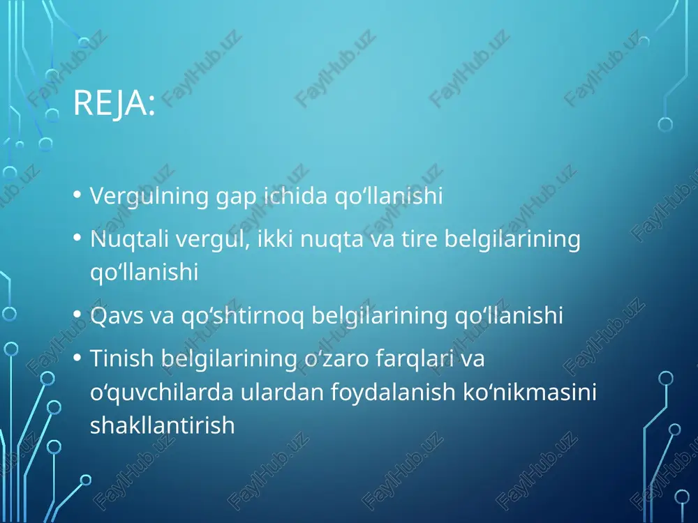 lishni, gap qurilishining mantiqiy asoslarini tushunishni talab qiladi. o‘quvchilar ushbu belgidan foydalanishni o‘rganish orqali aniq va ravon yozishni, o‘z fikrini ifodalashni mukammal o‘zlashtiradi. nuqtali vergul, ikki nuqta va tire belgilarining qo‘llanishi nuqtali vergul (;), ikki nuqta (:) va tire (—) o‘zbek tilida gap ichida murakkab grammatik tuzilmalarni ifodalashda ishlatiladi. bu belgilar o‘zining maxsus vazifalari bilan ajralib turadi. nuqtali vergul odatda o‘zaro bog‘liq, lekin alohida ma’no bildiruvchi qismlarni ajratishda ishlatiladi: “u yaxshi o‘qiydi; sinfdoshlari uni hurmat qiladi.” bu belgining o‘ziga xos jihati — verguldan kuchliroq, nuqtadan esa kuchsizroq pauza hosil qilishidir. yozma nutqda nuqtali vergul kamroq ishlatiladi, ammo murakkab gaplarda u ifoda aniqligi uchun juda kerak. ikki nuqta esa biror fikrga izoh berish, sanab o‘tiladigan narsalarni ko‘rsatish, so‘zlovchining gapi boshlanishidan oldin qo‘yiladi: “ular quyidagi narsalarni olib kelishdi: daftar, ruchka, chizg‘ich, plastilin.” bu yerda ikki nuqta ro‘yxat oldidan kelgan. shuningdek, ikki nuqta orqali ko‘chirma gaplar ham ajratiladi: “u dedi: ‘men bugun erta …