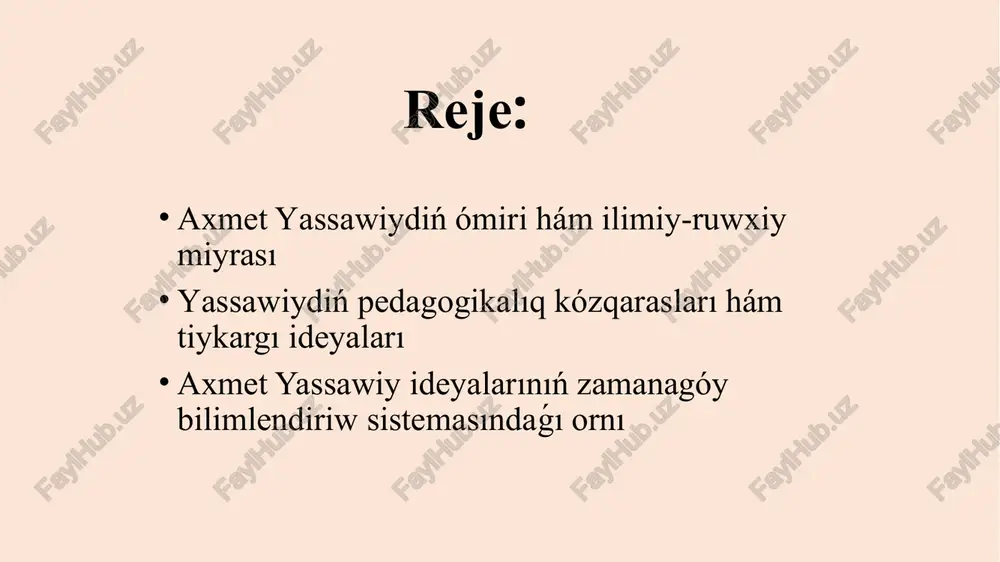 hsur ermish. murid hám áshawbı oǵada, shah hám diywana onıń yerik hám iqlası bosaǵasında sheksiz eken.” bul pikir yassawiy yassige qaytıp kelip, jańa bir tariqatqa tiykar salǵan murshid sipatında dańqqa erisken dáwirlerine tiyisli. xi ásirde oraylıq aziyada rawajlanǵan sufizm táliymatı tek diniy táliymat bolip qalmastan, áhmiyetli sociallıq áhmiyetke iye, ózine tán tálim-tárbiya ideyaların jámlegen baǵdar bolgan. sufizm táliymatında ustaz hám shákirtlik dástúrlerine qatań ámel etilgen, erkin pikirlew hám adamgershilik pazıyletlerin qáliplestiriwge ayrıqsha itibar berilgen. bul tárepler axmet yassawiy dóretiwshiliginde de ayqın kózge taslanadı. yassawiy hikmetlerinde bayan etilgen watan, insan kamalatı, iyman, diyanat, nápsine berilmew, miyrim-shápáátlilik haqqındaǵı ádep-ikramlılıq-filosofiyalıq pikirler házirgi jaslar tárbiyasında da bahalı qádiriyat bolıp, olar milliy pedagogikamızǵa qosılǵan úlken úles bolıp tabıladı.axmet yassawiydiń shıǵarmaları sufizm ideyaların xalıqtıń kewline tereń sińdiriwge qaratılǵan. abdurauf fitrattıń atap ótiwinshe, yassawiydiń “ádebiyatta tutqan joli ápiwayı xalıq shayırlarımızdıń tutqan joli... onıń hikmetleri ólshemde, uyqasta, usılda xalıq ádebiyatı atalǵan qosıqlar menen teń”. joqarıda atap ótilgenindey, axmet …