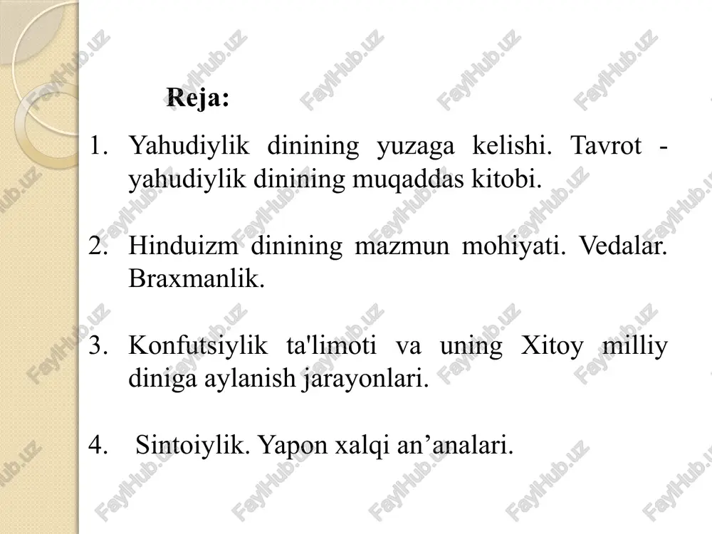 rga ham shu kuni dam olishni buyurdi. shu sabab yahudiylik dinida shanba kuni ulug‘ kun hisoblanib, hech bir ishga qo‘l urilmaydi. 2. yahudiylar yer yuzidagi xalqlarning «eng mumtozi» va u «dunyoda berilajak in’omlaming eng haqlisi» ekanligi. ular o‘zlarini xudo tomonidan saylangan, muqaddas xalq ekanini, yahudiyning ruhi xudoning bir qismi hisoblanishini da’vo qiladilar. 3. messiya - xaloskorning kelishi haqida. unga ko'ra, oxirzamonda yahve yahudiylar orasidan bir xaloskori chiqaradi va u quyidagi vazifalarni bajaradi: 1) dunyoni isloh qilgan holda qaytadan quradi; 2) butun yahudiylami sinion atpofida to’playdi; 3) ularning barcha dushmanlarini jazolaydi. 4. oxirat kuniga ishonish. yahudiylikda oxirat haqidagi tasavvurlar, asosan talmudda bayon etilgan. unga ko‘ra, yahvega chin e’tiqod qilganlar oxiratda mukofotlanadilar. aksincha, uning qonunlarini buzganlar shafqatsiz jazo oladilar. www.arxiv.uz yahudiylik manbalari. tavrot (tora) yahudiy dinining muqaddas manbalaridan sanaladi. u muso payg‘ambarga tur tog‘ida berilgan. yahudiy dinining ikkinchi manbasi talmuddir. ushbu manbalar injilning tarkibiy qismlarini tashkil etadi. tavrot besh kitobni o‘z ichiga …