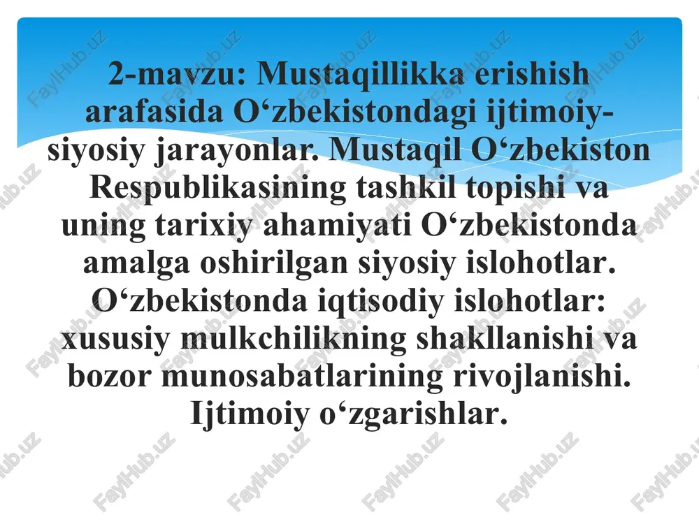 rning jamiyatni demokratlashtirishdagi o‘rni. 12.o‘zbekistonda demokratik islohotlarni yanada chuqurlashtirish va fuqarolik jamiyatini rivojlantirish konsepsiyasi. inson haq-huquqlarini ta’minlash va himoya qilish. o‘zbekiston kompartiyasi mqning 1989-yil 23-iyun kuni bo‘lib o‘tgan xiv plenumida islom abdug‘anievich karimov o‘zbekiston kompartiyasi mqning birinchi kotibi etib tayinlandi. islom karimov ishga kirishgan kunning ertasigayoq – 24 iyun kuni o‘zbekiston ssr ministrlar sovetida katta majlis o‘tkazdi va unda ma’ruza qildi. islom karimov o‘zbekistonda vujudga kelgan o‘ta murakkab ijtimoiy-iqtisodiy vaziyatni va uning sabablarini chuqur tahlil qilib achchiq va haqqoniy bir xulosaga keladi. «biz bundan buyon eskicha yasholmaymiz va bunday yashashga zamonning o‘zi yo‘l qo‘ymaydi», – degan edi u. i.a.karimov boshliq yangi rahbariyat tomonidan o‘zbek xalqining milliy o‘zligini anglash kuchayib borayotganligi birinchi bor e’tirof etildi. xalqning shon-shuhrati, qadr-qimmatini himoya qilish, milliy mustaqillikka erishish tomon yo‘l boshladi. respublikada kadrlarni tanlash, joy-joyiga qo‘yish va tarbiyalash masalalarida milliy manfaatdorlik ustuvorligi ta’minlandi. markazdan yuborilgan «kadrlar desanti» o‘z mavqeyini yo‘qotdi. anishev, ogarek, satin va boshqa «kazo-kazolar» …