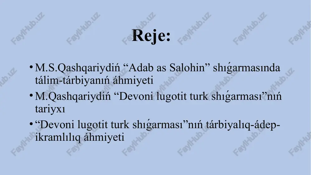 nsannıń unamlı minez-qulıqqa iye bolıwın talap etetuǵın sociallıq zárúrlik mánisi tolıq ashıp beriledi. shıǵarmada alǵa qoyılǵan tiykarǵı ideya - insanlardıń unamlı minez-qulıqqa iye bolıwı jámiyette ruwxıy tınıshlıq hám materiallıq abadanlıqtı sheshiwshi tiykarǵı faktor ekenligin tiykarlawdan ibarat. allama usi ideyanın mánisin túsindirip, insan ádep-ikramlılıq qaǵıydaların iyeley almasa hám de unamlı minez-qulqı menen ádepli (ádepli) hám muzazzab (taza) bolmasa, tek gana ózi emes, al pútkil dúnyaga jamanlıq tarqatadı degen kóz-qarastı alǵa súredi. birinshi bap sálemlesiw, kórisiw, qol alısıw hám ruqsat soraw qaǵıydaları haqqında maǵlıwmat beriwge qaratılǵan bolıp, bul bap tórt bólimnen ibarat. ekinshi bapta bolsa sálemlesiw ádebiniń on eki qaǵıydası haqqında pikir júrgiziledi. usı orında sálem beriw hám alik alıw máselesinde búgingi kúnge shekem dawam etip kiyatırǵan pikir-talaslarǵa shek qoyılǵan. avtordıń pikirinshe, sálem beriw súnnet, juwabı parız ayyadır. muhammed sadıq qashqariydiń tán alıwınsha, sálem tómendegi jaǵdaylarda tómendegi adamlar tárepinen beriliwi maqsetke muwapıq: úlken kishige, atlı piyadaǵa, júriwshi otırǵıshqa, azshılıq kópshilikke, bólmege kirip …