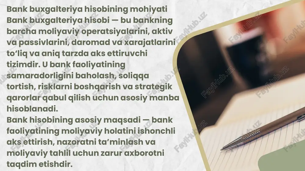 omadlar (komissiya to‘lovlari, xizmat haqlari) foizli xarajatlar (depozitlar bo‘yicha) operatsion xarajatlar (ish haqi, ijara, it xizmatlari) bank balansida quyidagi formulaga amal qilinadi: aktivlar = passivlar + bank kapitali d) balans (hisobot davri oxiridagi holat) d) balans (hisobot davri oxiridagi holat) bank buxgalteriya hisobotlarining asosiy turlari moliyaviy hisobot (balans) — aktivlar, passivlar va kapitalning holatini ko‘rsatadi. foyda va zararlar to‘g‘risidagi hisobot — daromadlar va xarajatlarning natijasini ko‘rsatadi. pul oqimlari hisobot — pul mablag‘lari kirimi va chiqimini tahlil qiladi. kapitaldagi o‘zgarishlar hisobot — bank kapitalining o‘sishi yoki kamayishini ifodalaydi. qo‘shimcha hisobotlar — markaziy bank, soliq organlari va auditorlar uchun maxsus shakllarda tuziladi. bank buxgalteriya hisobida axborot texnologiyalarining roli zamonaviy banklar avtomatlashtirilgan buxgalteriya dasturlari (masalan, flexcube, temenos, abs, diasoft, 1c banking) dan foydalanadilar. ular: har bir mijoz operatsiyasini avtomatik tarzda qayd etadi; hisobotlarni real vaqt rejimida shakllantiradi; xatolik ehtimolini kamaytiradi; ichki va tashqi nazorat tizimlarini mustahkamlaydi. bank buxgalteriya hisobining nazorat va audit tizimi …