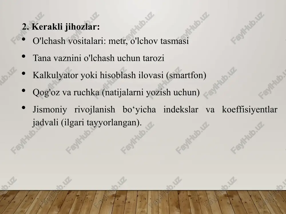 eb baholashi mumkin, chunki mushak vazni yog'dan og'irroq. yog'ning joylashuvi: bmi tana yog'ining qaerda to'planganligini ko'rsatmaydi (masalan, qorin yoki son atrofi), bu esa sog'liq uchun xavflarni noto'g'ri baholashga olib kelishi mumkin. yoshi va jinsi: bmi har doim yosh, jins va boshqa individual farqlarni hisobga olmaydi, bu esa ayrim hollarda natijalarni noto'g'ri ko'rsatishi mumkin. ryuffe testi (ruffier test) – bu yurak-tomir tizimining funksional imkoniyatlarini baholashga qaratilgan test bo‘lib, u asosan jismoniy mashqlarga qarshi yurakning qanday javob berishini aniqlaydi. ushbu test sog‘liqni baholashda, ayniqsa, sportchilar va bolalar orasida keng qo‘llaniladi. ryuffe testi qanday o'tkaziladi? test oddiy jismoniy mashqlar va ularning oldidan va keyin olingan yurak urish tezligini solishtirish orqali yurak faoliyatining samaradorligini aniqlash imkonini beradi. u quyidagi bosqichlardan iborat: dastlabki o‘lchov: shaxs 5 daqiqa davomida tinch holatda o‘tiradi. shundan so‘ng 15 soniya davomida puls (yurak urishi) o‘lchanadi va natija 4 ga ko‘paytiriladi. ushbu qiymat yurak urish tezligi (p1) sifatida qayd qilinadi. jismoniy …