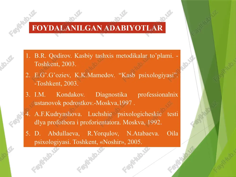 r karera. kasblar va ularning klassifikatsiyasi kasblar tizimlashga to‘xtalib o‘tamiz. u juda keng tarqalgan. tizimlash asosini 9 ta turli qobiliyatlari tashkil etadi. minnesota ocupational rating scale (mors) yordamida kasbshunos psixologlar tomonidan 432 ta kab tanolanib olinib quyidagi 7 ta guruhga bo‘lindi. akademik, mexanik ijtimoiy, diniy, musiqaviy, artistlik va jismoniy guruhlardir. tadqiqot natijalarini umumlashtirish bu 432 kasbni 214 ta na’munaga keltirildi, shulardan 137 tasi bitta kasb mutaxassislika qolgan 77 tasi ikkitadan 18 tagacha mutaxassislikni birlashtiradi. e.a.klimov ishlab chiqqan kasblar tizilmasi ham keng tanilgan. mehnat ob’ektiga ko‘ra 5 ta kasb turlari ajratiladi. inson tirik tabiat. bu tur namoyondalari o‘simlik va hayvonot mikroorganizmlar va ular yashash sharoitlari bilan ishlashadi. masalan meva sabzavot ustasi, agranom, zootexnik, vitirenar, mikrobiolog. inson texnika va jonsiz tabiat. ishchilar jonsiz texnik mehnat ob’ektlari bilan ishlashadi. masalan texnik, mexanik, muxantis mexanik, muxandis elektrik, texnik texnolog va xokozo. inson – inson buna ijtimoiy tizimlar, axloqiy gurxlar, turli yoshdagi insonlar bilan ishlash …