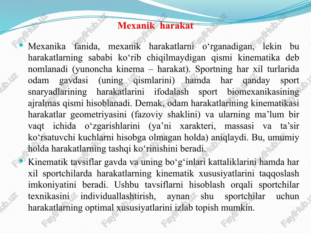 ezilarli ta’sir ko‘rsatadi. bular sanoq tizimining noinersial ko‘rinishi hisoblanadi (sirg‘anayotgan chang‘i, mayatnikning tebranishi). moddiy nuqta – jism bo‘lib, uning kattaliklari va ichki tarkibiy tuzilmasini berilgan shartlarda hisobga olmasa ham bo‘ladi. traektoriya – bu, harakatlanuvchi nuqta sanoq nuqtasiga nisbatan bosib o‘tayotgandagi harakatlanish yo‘li (chizig‘i). nuqta harakat traektoriyasi va siljishi. 2. tezlik. harakatlarni vaqt bo‘yicha tavsiflari jismni ma’lum bir uchastkadagi traektoriyasining o‘rtacha tezligi deb, uning bosib o‘tgan yo‘lini harakatlanish vaqtiga nisbatiga aytiladi: agar, traektoriyaning barcha uchastkalarida o‘rtacha tezlik bir xil bo‘lsa, unda bu harakatlanish tekis harakat deb ataladi. t0 vaqt momentida, jism koordinatasi x0 nuqtada bo‘lsa, t1 vaqt momentida esa, koordinatasi x1 nuqtada bo‘lsa, unda bosib o‘tilgan yo‘l x = x1 – x0, harakatlanish vaqti t = t1 – t0 bo‘ladi. bu holda o‘rtacha tezlik o‘zgarib turadigan harakatlanish notekis harakat deb ataladi. hisoblashlar amalga oshirilayotgan intervalning kamayishi bilan o‘rtacha tezlik ma’lum bir chegaraga intiladi. ushbu chegara – lahzadagi tezlik yoki traektoriyaning ushbu …