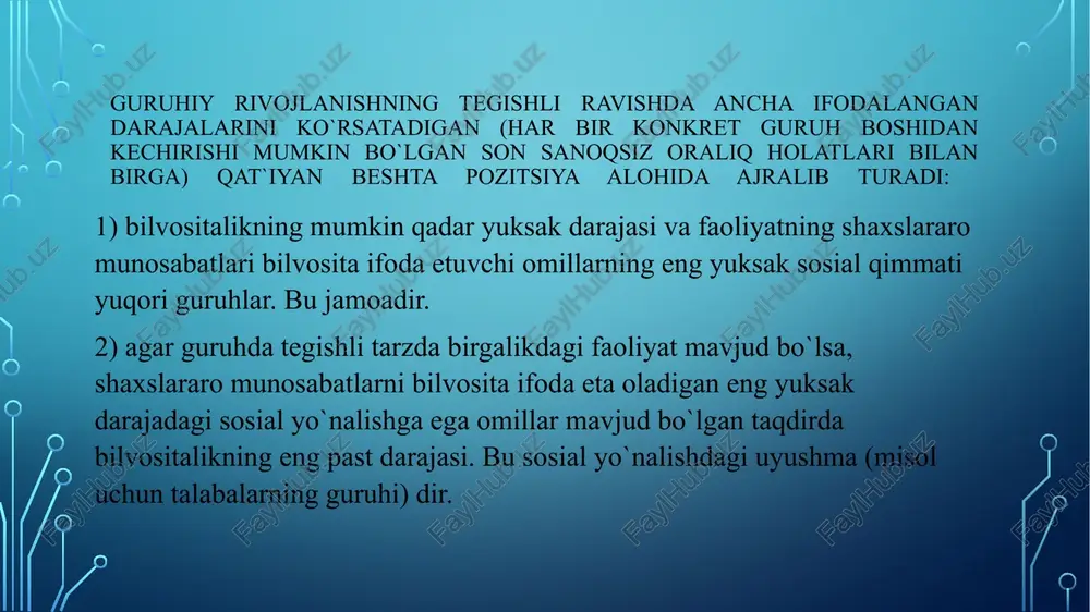 batlarning maqbul xarakteri o`rtasidagi nisbat ijobiy, sust rivojlangan guruhlarda esa salbiy bo`ladi. past darajada rivojlangan guruhlarda guruhning mikyosi bilan uning a`zolaridan umumiy ishga eng ko`p hissa kushish istagi o`rtasidagi teskari bog`lanish mavjudligi aniqlandi, guruhning miqyosi yiriklasha borishi bilan jamoadan birgalikdagi faoliyat ishtirokchilarning motivlari susaymaydi. tasodifiy guruhda yordamga muhtoj kishiga yordam ko`rsatilishi ehtimoli guruhning miqyosi kengayishi bilan susaya boradi, jamoada esa bunday qonuniyat nomoyon bo`lmaydi va hokozo. birgalikdagi sotsial qimmatga ega va shaxs uchun ahamiyatga molik faoliyat ning amalga oshirilishi o`zaro jamoatchilik munosabatlari urnatilishini, individual munosabat bilan jamoa munosabatlari o`rtasidagi ziddiyatlar barham topishini ta`minlaydi. bunday faoliyat jarayonida shaxslararo munosabatlarda boshqa sharoitlarda qayd etilishi mumkin bo`lmagan alohida hodisalar yuz beradiki, guruh rivojlanishining alohida belgisi sifatidagi jamoatchilik hosil bo`ladi. aynan jamoa shaxsning jamiyatga bog`liqligini ifoda etadi. shaxs ana shu bog`liqlik orqali erkinlikka muvaffaq bo`ladi. guruhlardagi ijtimoiy psixologik hodisalar guruhda quyidagi ijtimoiy psixologik hodisalar mavjud:ijtimoiy fikr, taqlid, ta`siriga berilish, konformizm. ijtimoiy - psixologik muhit …