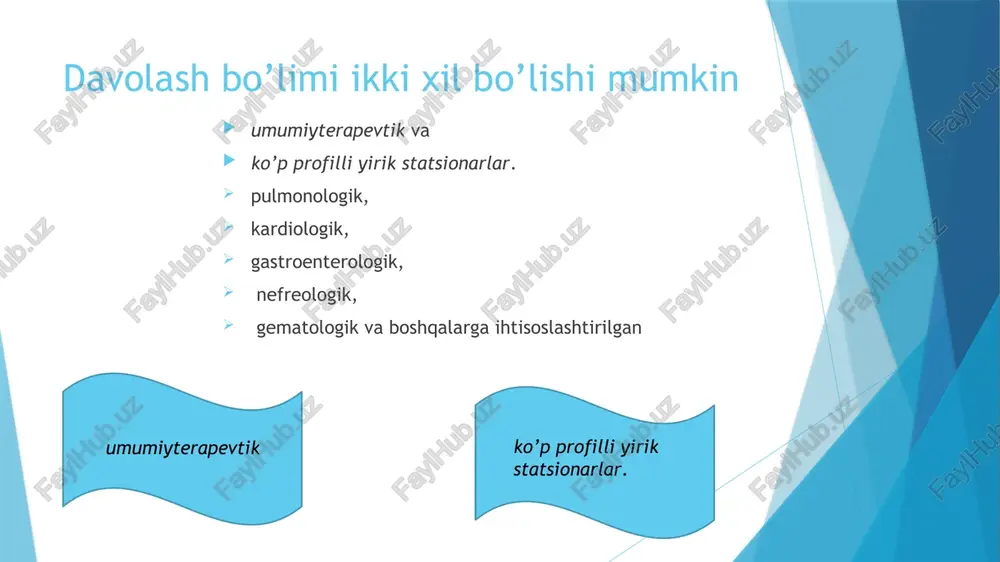ifokor ko’rigi va muolajalar vaqtlari, qarindoshlar kelish vaqti va ruxsat berilgan maxsulotlar ro’yxatlari. sanitar-gigienik va davolash tartibi tibbiyot xodimlari bo’limda barcha sanitar - gigienik va davolash sog’lomlantirish tartiblarning nazorati va bajarilishini ta'minlashi shart ( jadval). tartib maqsad chora tadbirlar sanitar gigienik nozokomial (yunoncha nosokomeon – shifoxona: shifoxona ichi) infeksiya kelib chiqishi va tarqalishi profilaktikasi yotqizilgan bemorlar sanitar gigienik parvarishi, davolash muassasalarinig sanitar gigienik holati va bemorlar shaxsiy gigienasi nazorati, choyshablarni alishtirish, termometriya, dezinfeksiya,sterilizatsiya… davolash sog’lomlashtiruvchi bemorning jismoniy va ruhiy xotirjamligini ta’minlash statsionarning ichki tartib qoidalariga, jismoniy faollik tartiblariga va tibbiy etika qoidalariga rioya qilish bemor ruhiyatini ehtiyotlovchi tartibni o’rnatish. shifoxona ichi kun tartibiga qat’iy rioya qilish. oqilona jismoniy (harakat) foliyatini ta’minlash. bemorlarning ruhiy xotirjamligi quyidagi qoidalarga rioya qilish orqali ta’minlanadi. bo’limda tinchsharoit yaratish:sekin gaplashish,kunduzgi va kechki dam olish vaqtida shovqin ko’tarmaslik,radio va televizorni ovozini past qilish. bo’lim dizayinida xotirjam, tinchlik inter’erini yaratish: xona devorlarida, xolllardagi yumshoq mebellarda bir xil tondagi …