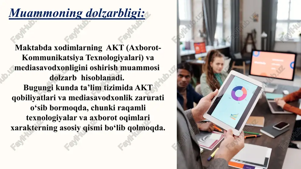 ng ko‘lamli akt treninglari tashkil etiladi. bular ko‘pincha davlat va maxsus tashkilotlar tomonidan moliyalashtiriladi. dasturlar mediasavodxonlikni oshirishga qaratilgan bo‘lib, o‘qituvchilarga online resurslardan foydalanish, ijtimoiy tarmoq xavfsizligi va axborotni tanlash ko‘nikmalarini o‘rgatadi. (estoniyada) aktni maktab ta’limida muhim o‘rin tutadi va o‘qituvchilarning mediasavodxonligiga alohida e'tibor qaratadi. xodimlarga xorijiy tajribalarni o‘rganish va innovatsion metodlarni qo‘llashni o‘rganish imkoniyatlari yaratish orqali ta’limni modernizatsiya qilishga intiladi. (buyuk britaniyada) o‘qituvchilar uchun mediasavodxonlik bo‘yicha professional rivojlanish dasturlari mavjud. bular orqali xodimlar axborot manbalarini tahlil qilish, yolg‘on va manipulyatsiyalashgan axborotdan qochish bo‘yicha ko‘nikmalarini oshiradilar. mavzu yuzasidan xorij tajribalarining o‘rganilganligi qiyosiy tahlil etilganligi o‘zbekistonda amaldagi holat (xorijda) taklif o‘zbekistonda oliy va o‘rta maxsus ta'lim muassasalarida akt fanlari bo‘yicha ta'lim berilmoqda. lekin qator muassasalarda zamonaviy texnologiyalar qo‘llanilmaydi yoki yetarlicha o‘rgatilmaydi. xorijda, xususan, yevropa va amerika mamlakatlarida maktablarni akt va mediasavodxonlikni oshirishda ilg’or tajribalar mavjud. masalan, akt darslari o‘qitish jarayonining ajralmas qismi hisoblanadi. ko‘plab xorijiy ta’lim muassasalari akt va mediasavodxonlikni integratsiya qilgan …