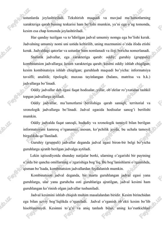 teskarisi ham bo’lishi mumkin, ya’ni ega o’ng tomonda, kesim esa chap tomonda joylashtiriladi. har qanday tuzilgan va to’ldirilgan jadval umumiy nomga ega bo’lishi kerak. jadvalning umumiy nomi uni ustida keltirilib, uning mazmunini o’zida ifoda etishi kerak. jadvaldagi qatorlar va ustunlar ham nomlanadi va iloji boricha nomerlanadi. statistik jadvallar, ega xarakteriga qarab: oddiy; guruhiy (gruppali); kombinatsion jadvallarga; kesim xarakteriga qarab: kesimi oddiy ishlab chiqilgan; kesim kombinatsiya ishlab chiqilgan; guruhlash maqsadi bo’yicha: informatsiya tavsifli; analitik; tipologik; maxsus tayinlangan (balans, matritsa va h.k.) jadvallarga bo’linadi. oddiy jadvallar deb egasi faqat hodisalar, yillar, ob’ektlar ro’yxatidan tashkil topgan jadvallarga aytiladi. oddiy jadvallar, ma’lumotlarni berilishiga qarab sanoqli, territorial va xronologik jadvallarga bo’linadi. jadval egasida hodisalar sanog’i berilishi mumkin. oddiy jadvalda faqat sanoqli, hududiy va xronologik tamoyil bilan berilgan informatsiyani kamroq o’rganamiz, asosan, ko’pchilik joyda, bu uchala tamoyil birgalikda qo’llaniladi. guruhiy (gruppali) jadvallar deganda jadval egasi biron-bir belgi bo’yicha guruhlarga ajratib berilgan jadvalga aytiladi. lekin iqtisodiyotda shunday …