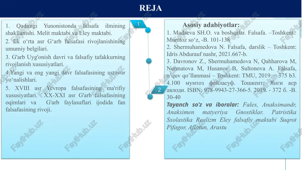 ri fales, anaksimandr, anaksimenlardir. qadimgi yunoniston va rim falsafasi. asoschisi fales (yeramizdan avvalgi 624 — 547 yillarda yashagan). anaksimandr dunyo — cheksiz, gazsimon apeyrondan iborat, issiqlik va sovuqlik, quruqlik va namlik apeyrondan ajralib chiqib, moddaning bir holatdan ikkinchi holatga o‘tishini ta’minlaydi, deb hisoblagan. fales ta’limotiga ko‘ra, tabiatdagi turli-tuman jism va hodisalar dastlabki ibtido — suvdan paydo bo‘lgan va yana suvga aylanadi va bu moddiy birlik doimo o‘zgarishda bo‘ladi. anaksimen (yeramizdan avvalgi 588-525 yillar) havo — olamning asosi, deb bilgan. uningcha, havoning quyuqlashishidan suv, yer, tosh kabi moddalar tashkil topgan, siyraklashishidan esa olov paydo bo‘lgan. i milet maktabi vakillari yunon faylasufi gyeraklit yeramizdan avvalgi 520-460 yillar yashagan, efes shahrida zargar oilasida dunyoga kelgan. gyeraklit stixiyali dialektikaga asos solgan, olov — olamning asosi, deb bilgan. gyeraklit olamda hamma narsa harakatda. «oqar suvga bir soniyada ikki marta tushish mumkin emas, chunki suv har daqiqada yangilanib turadi». olamda turg‘unlik yo‘q. harakat butun tabiatga, barcha …