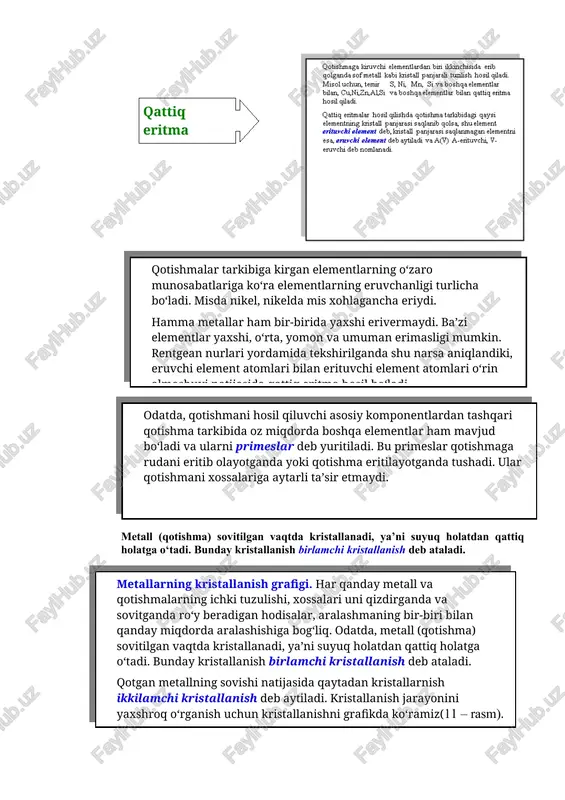 g eruvchanligi turlicha bo‘ladi. misda nikel, nikelda mis xohlagancha eriydi. hamma metallar ham bir-birida yaxshi erivermaydi. ba’zi elementlar yaxshi, o‘rta, yomon va umuman erimasligi mumkin. rentg e an nurlari yordamida tekshirilganda shu narsa aniqlandiki, eruvchi element atomlari bilan erituvchi element atomlari o‘rin almashuvi natijasida qattiq eritma hosil bo‘ladi. atomlarning bunday o‘rin almashuvi uchun a va v elementlarining kristall panjaralari bir xil bo‘lishi va atomlar radiuslari bir-biriga yaqin bo‘lishi kerak. ) ( odatda, qotishmani hosil qiluvchi asosiy komponentlardan tashqari qotishma tarkibida oz miqdorda boshqa elementlar ham mavjud bo‘ladi va ularni primeslar deb yuritiladi. bu primeslar qotishmaga rudani eritib olayotganda yoki qotishma eritilayotganda tushadi. ular qotishmani xossalariga aytarli ta’sir etmaydi. ) metall (qotishma) sovitilgan vaqtda kristallanadi, ya’ni suyuq holatdan qattiq holatga o‘tadi. bunday kristallanish birlamchi kristallanish deb ataladi. ( metallarning kristallanish grafigi. har qanday metall va qotishmalarning ichki tuzulishi, xossalari uni qizdirganda va sovitganda ro‘y beradigan hodisalar, aralashmaning bir-biri bilan qanday miqdorda …