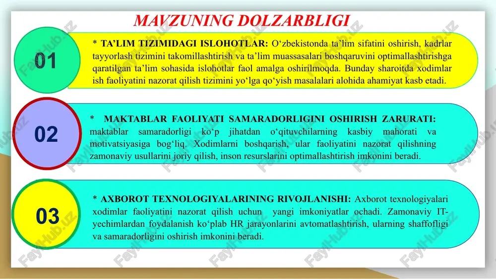 adi. kitobdagi asosiy mavzu hozirgi va kelajakdagi xodimlar o‘rtasidagi munosabatlar, direktorlar va direktor o‘rinbosarlari nazorat funksiyalari, shuningdek, maktab tizimini takomillashtirishning umumiy maqsadini namoyish etadi. https://www.cossaschools.org/ mavzuga oid adabiyotlar tahlili natsume soseki milliy ta’lim tadqiqotlari va ishlanmalari instituti tomonidan chop etilgan mazkur kitob ”maktabda xodimlarni boshqarish bo‘yicha qo‘llanma“dir. ushbu kitob yaponiya maktablarida xodimlarni boshqarish, shu jumladan xodimlarni yollash, o‘qitish, baholash va rivojlantirish kabi mavzular haqida keng qamrovli ma’lumot beradi. * shuningdek, maktabda xodimlarni boshqarish: nazariya va amaliyot haqida ham ma’lumot beradi. ushbu kitob motivatsiya, yetakchilik va tashkiliy madaniyat kabi mavzularni ko‘rib chiqib, maktablarda xodimlarni boshqarish bo‘yicha ko‘proq nazariy nuqtai nazarni taqdim etadi. maqsad maktabda xodimlar ish faoliyatini nazorat qilish tizimini yaxshi yo‘lga qo‘yish orqali mehnat unumdorligini oshirish, xavfsiz ish muhitini yaratish, tashkilotdagi barcha syb’ektlarning samarali mehnat qilishi, ta’lim olishi uchun zamonaviy nazorat tizimini yo‘lga qo‘yish orqali ta’lim sifati va samaradorligiga erishishdir. 4.ish samaradorligini oshirish: * xodimlar huquqiy savodxonligini oshirish; * ta’lim …