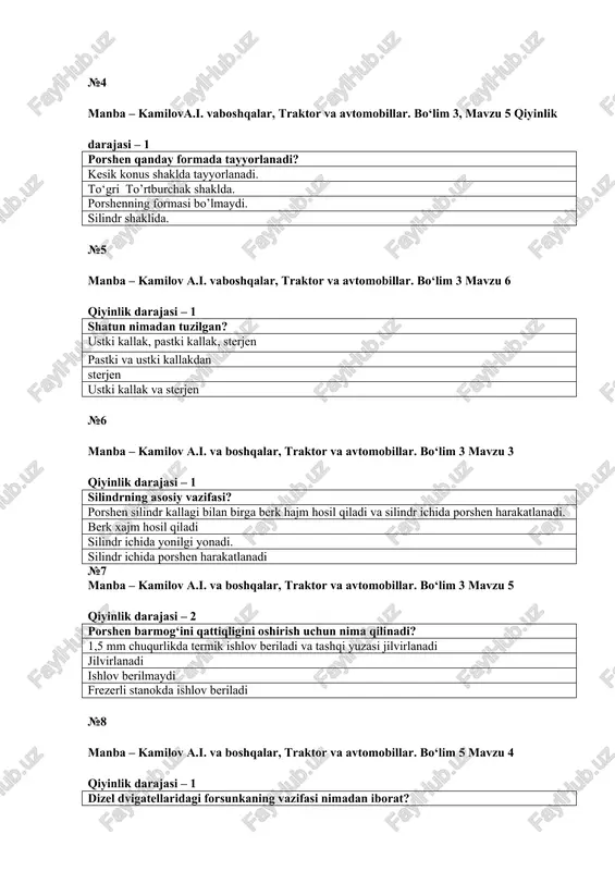 a termik ishlov beriladi va tashqi yuzasi jilvirlanadi jilvirlanadi ishlov berilmaydi frezerli stanokda ishlov beriladi №8 manba – kamilov a.i. va boshqalar, traktor va avtomobillar. bo‘lim 5 mavzu 4 qiyinlik darajasi – 1 dizel dvigatellaridagi forsunkaning vazifasi nimadan iborat? silindrga yoqilg`ini zarracha holda purkaydi. yoqilg‘i nasosini yoqilgi bilan taminlaydi. yoqilg‘ini bakdan so‘rib oladi. silindrga yoqilg’i etkazib beradi. №9 manba – kamilov a.i. va boshqalar, traktor va avtomobillar. bo‘lim 3 mavzu 1 qiyinlik darajasi –1 krivoship-shatun mexanizmining vazifasi nimadan iborat? porshening ilgarilanma-qaytma harakatini aylanma xarakatga aylantiradi. aralashma sifatini tezlashtiradi. porshenni harakatga keltiradi. ichki yonuv dvigatelining harakatidan iborat. №10 manba – kamilov a.i. va boshqalar, traktor va avtomobillar. bo‘lim 3 mavzu 4 qiyinlik darajasi – 2 silindir kallagi bilan blok-karter orasiga nima qo’yiladi? elastik materialdan ishlangan zichlovchi qistirmalar qo‘yib zichlanadi. ular orasiga po’latdan qilingan yupqa tunika qo’yiladi. ular orasiga hech narsa qo’yilmaydi. ular orasiga qog`oz qo’yiladi. №11 manba – kamilov a.i. va …