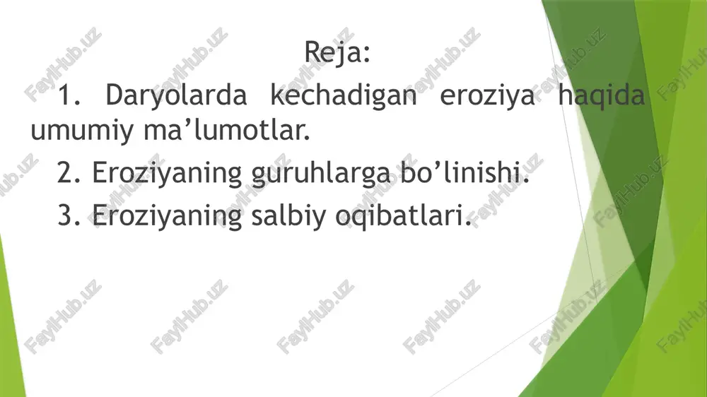 asi daryolar va soylar o'zanlariga xos bo'lib: - qayir­o'zan; - bog'lanmagan sel oqimi va - bog'langan sel oqimi ko'rinishlarida uchraydi. qayir­-o'zan yuvilishi o'zan aniq hosil bo'lganda va unda suv oqimi ta'sirida oqiziqlar ko'chishi, ba'zan esa cho'kishi ko'rinishida kuzatiladi. bu jarayon o'zandagi oqim dinami­kasiga, daryoning suv to'plash havzasi, qayiridagi hamda o'zanidagi eroziya jarayonlariga bog'liq. bog'lanmagan sel oqimi turli o'lchamdagi nurash mate­riallarining suv oqimiga ortiqcha miqdorda qo'shilishi natijasida hosil bo'ladi. harakatlanayotgan (oqayotgan) mu­hit toza suv emas, balki unga nisbatan og'irroq suspenziya shaklida bo'ladi. shunga bog'liq holda oqimning gidrodi­namik xossalari, gidravlik elementlari va qattiq jins­larni harakatga keltirish xususiyatlari ham o'zgaradi. oqim to'lqinsimon harakat qiladi. bog'langan sel oqimi yopishqoq­plastik muhit bo'lib, nisbatan mayda nurash materiallarining suv bilan qo'shi­lishidan hosil bo'ladi. bunda suv va nurash materiallari molekulyar tortishish kuchlari orqali bog'langan bo'ladi. er osti suv eroziyasi grunt va er osti suvlari ha­rakati natijasida yuzaga keladi. suv eroziyasining bu turi: - oddiy er osti yuvilishi va …