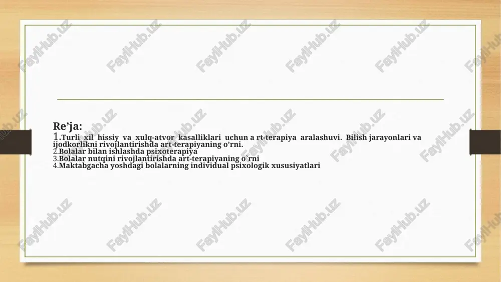 qo'shadi, u yerda hamma bir-biriga ehtiyotkorlik va ehtirom bilan munosabatda bo'ladi, o'z his-tuyg'ularini xotirjam va erkin ifoda etishi va ularni muhokama qilishi mumkin. mashg`ulot ishtirokchilari badiiy asarlarni individual, juft-juft yoki guruhli bo`lib yaratishi mumkin. image5.png image6.png image7.jpeg image3.png image4.png /docprops/thumbnail.jpeg