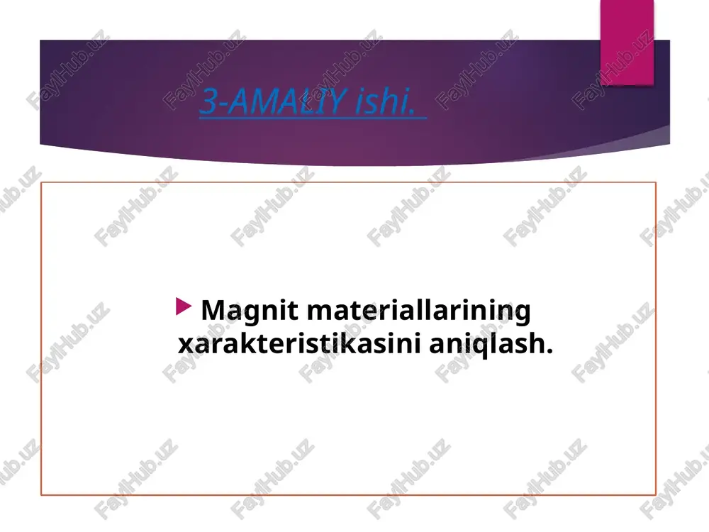 ortadi. uzunligi l, kesim yuzasi s bo’lgan o’zakning magnit qarshiligi quyidagicha aniqlanadi: shunday qilib, g’altakka o’zak kiritilishi natijasida magnit qarshiligi  ga bog’liq ravishda kamayadi. magnit singdiruvchanligi bo’yicha barcha qattiq jismlar sust (diamagnit 1, paramagnit 1) va kuchli magnit materiallarga (ferromagnit 1) bo’linadi. magnit materiallari sifatida kuchli magnit materiallar qabul qilinib, ular magnit maydon kuchlanganligiga kuchli ravishda bog’liq bo’ladi. magnit induksiyasi b va magnit maydon kuchlanganligi h o’rtasidagi bog’liqlik b=f(h) magnit materialining magnitlanish egri chizig’i deb ataladi. bunda magnit materiali h=ht qiymatda to’yinadi. magnit singdiruvchanlikning haroratga qarab o’zgarishi magnit singdiruvchanlikning harorat koeffitsienti bilan aniqlanadi: agar ferromagnit tashqi magnit maydoni ta’sirida asta-sekin magnitlansa va ma’lum qiymatdan so’ng maydon kuchlanganligi pasaytira borilsa, induksiya ham kamaya boradi. lekin bu kamayishi asosiy chiziq bo’ylab emas, balki ma’lum kechikish bilan (gisterizis hodisasi tufayli) ro’y beradi. maydon kuchlanganligi teskari yo’nalishda oshirilganda material magnitsizlanishi, o’ta magnitlanishi mumkin va magnit maydon yo’nalishi yana o’zgartirilsa, induksiya yana asl holatiga …