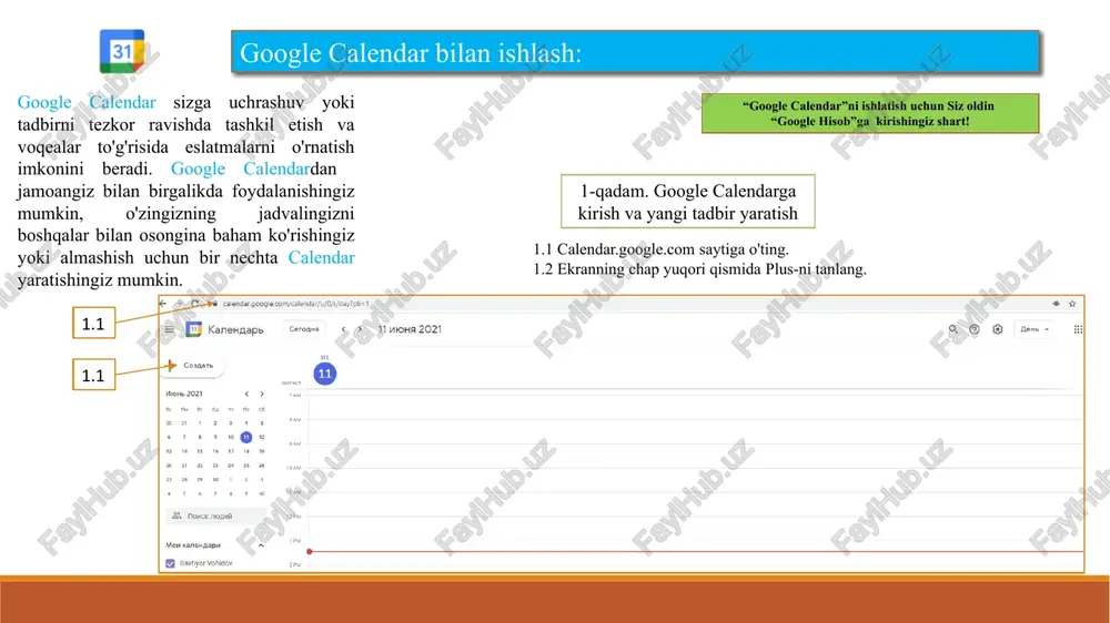 4.6 google calendar bilan ishlash: 5-qadam. google calendar - jamoangiz bilan birgalikda ishlang 5.1 jamoa bilan ishlash uchun yangi calendar yarating yoki mavjud calendarni tanlang. 5.2 yangi yaratilgan yoki mavjud calendar sozlamalariga o`ting. 5.3 tanlangan calendarning asosiy va ulashish sozlamamarini tanlang. 5.4 foydalanuvchilarni qo`shish tugmasini bosing. 5.5 foydalanuvchining gmailni kiriting. 5.6 jamoa bo`lib ishlash uchun taklifni yuborish. (google calendar sozlamalarida taklif avtomatik tarzda qabul qilinishi yoqilgan) 5.1 5.2 5.3 5.4 5.5 5.6 internet manbaalar: manbaalar: sedova v.p. metodicheskie rekomendatsii po primeneniyu servisov google // sankt-peterburg. – 2019 http://sdo.bashedu.ru/mod/page/view.php?id=17787 https://romi.center/ru/learning/article/google-forms-guide/ https://netology.ru/blog/google-formy https://www.google.com/intl/ru/forms/about/ https://support.google.com/docs/topic/6063584?hl=ru https://www.youtube.com/watch?v=tmdpsne6cew&ab_channel=%d0%90%d0%bb%d0%b5%d0%ba%d1%81%d0%b0%d0%bd%d0%b4%d1%80%d0%9f%d1%80%d0%b8%d0%bb%d0%b8%d0%bf%d0%ba%d0%be-webexperts https://support.google.com/calendar/?hl=ru#topic=10509740 https://support.google.com/a/users/answer/9302892?hl=ru https://serpstat.com/ru/blog/kak-rabotat-v-google-calendar/#2 7 image2.png image3.png image4.png image6.svg image5.png image6.png image7.png image8.png image9.png image10.png image11.png image12.png image13.png image14.png image15.png /docprops/thumbnail.jpeg