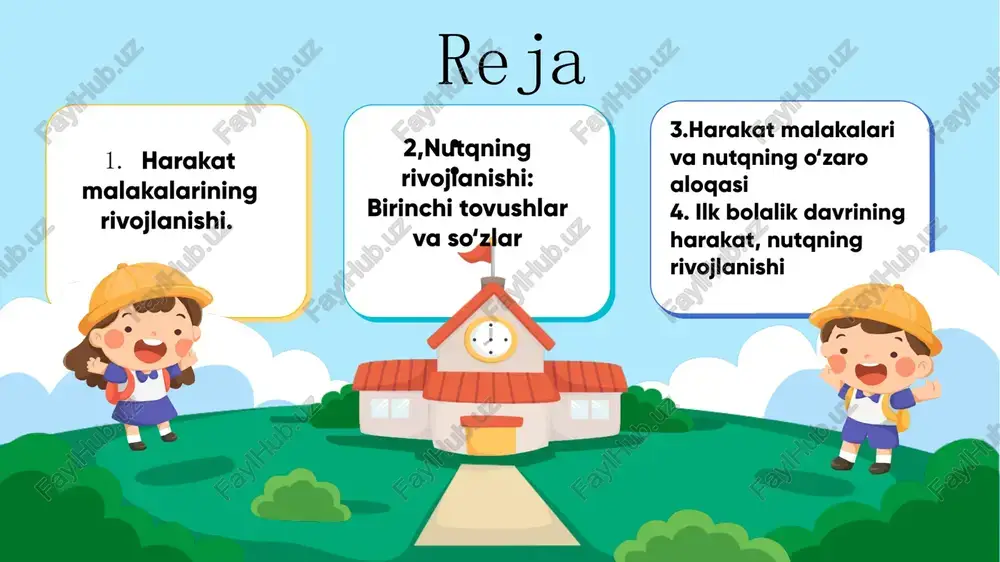 hdan 3-4 yoshgacha bolgan davrni qamrab oladi. bu davr bola psixikasining intensiv rivojlanish bosqichidir. ayniqsa, bolaning atrof-muhit bilan faol munosabatga kirishishi, oz his-tuygularini namoyon eta boshlashi va aqliy rivojlanishining ilk poydevorlari qoyilishi bilan ajralib turadi. bu davrning asosiy psixologik xususiyatlari quyidagilardan iborat: * bola dunyoni sezgi organlari orqali organadi va anglashga urinadi. * harakat faoliyati rivojlanadi: yurishni organadi, qol harakatlari ancha mustahkamlanadi. * ijtimoiy muhitga (ona, ota, yaqinlar) nisbatan bogliqligi kuchli boladi. * taqlid qilishga, kattalarning harakatini kuzatishga moyil boladi. * mustaqillik rivojlana boshlaydi, "men ozim" davri boshlanadi (2-3 yoshda ayniqsa yaqqol kozga tashlanadi). bu davrda berilgan talim va tarbiya bolaning kelajakdagi psixik va ijtimoiy rivojlanishida muhim rol oynaydi. nutq faoliyatining bosqichma-bosqich shakllanishi va uning ahamiyati. nutq faoliyati bolaning ijtimoiylashuvi, aqliy va hissiy rivojlanishida asosiy vositalardan biridir. ilk bolalik davrida nutq quyidagi bosqichlarda rivojlanadi: a) pasiv nutq (tushunish) bosqichi (1-1,5 yosh): bola hali gapirmaydi, ammo unga aytilayotgan sozlarning manosini anglay …
