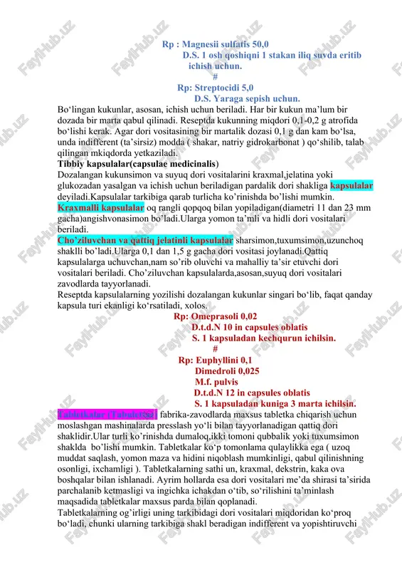 gan bo’lsa- bo‘linmagan (dozalanmagan) kukun deyiladi. bo‘linmagan kukunlar,asosan, sitrga qo‘llash uchun beriladi va bemorning o‘zi keragicha teriga yoki yaraga sepadi. ichishga mo‘ljallangan kukunlar ham bo‘lishi mumkin. ular ham oddiy va murakkab bo‘lishi mumkin. rp: anaesthesini 5.0 zinci oxydi 25,0 talci ad 50,0 m . f. pulv. d.s. sirtga qo‘llash uchun. # rp : magnesii sulfatis 50,0 d.s. 1 osh qoshiqni 1 stakan iliq suvda eritib ichish uchun. # rp: streptocidi 5,0 d.s. yaraga sepish uchun. bo‘lingan kukunlar, asosan, ichish uchun beriladi. har bir kukun ma’lum bir dozada bir marta qabul qilinadi. reseptda kukunning miqdori 0,1-0,2 g atrofida bo‘lishi kerak. agar dori vositasining bir martalik dozasi 0,1 g dan kam bo‘lsa, unda indifferent (ta’sirsiz) modda ( shakar, natriy gidrokarbonat ) qo‘shilib, talab qilingan mkiqdorda yetkaziladi. tibbiy kapsulalar(capsulae medicinalis) dozalangan kukunsimon va suyuq dori vositalarini kraxmal,jelatina yoki glukozadan yasalgan va ichish uchun beriladigan pardalik dori shakliga kapsulalar deyiladi.kapsulalar tarkibiga qarab turlicha ko’rinishda …