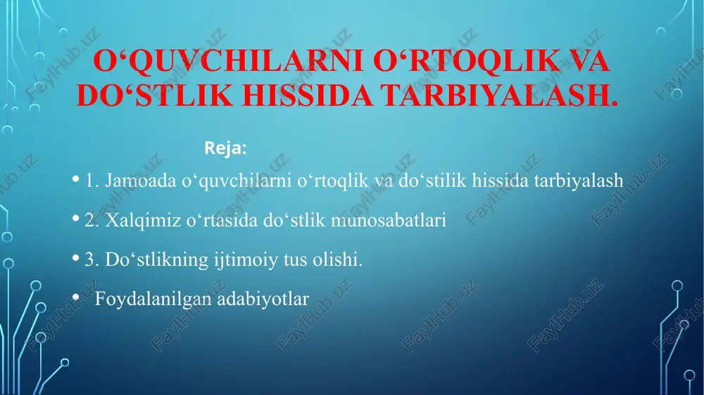 o‘rtoqlar keyinchalik yaqin do‘st bo‘lib ketadilar. do‘stlikni tor ma’noda, ya’ni ikki kishi orasidagi aloqadangina iborat, deb tushunmaslik darkor. do‘stlik tushunchasi ijtimoiy ahamiyatga ega bo‘lib, million-million kishilarning ahil yashashi, iqtisodiy, siyosiy va madaniy sohalarda hamjihatligini bildiradi. hozir ham, bundan avval ham yer kurrasi xalqlari orasidagi baynalmilal do‘stlik jahon ahamiyatiga ega bo‘lgan, bundan keyin ham shunday bo‘lib qoladi. yuqorida aytib o‘tganimizdek, do‘stlik avval ikki kishi orasida boshlanib, ko‘payib, kengayib boradi va ijtimoiy tus oladi. do‘st orttirish hamma yoshda ham zarur, lekin yoshlikda boshlangan do‘stlikning ildizi juda chuqur va mustahkam bo‘ladi. shuning uchun ham yoshlarimiz iloji boricha ko‘proq do‘st orttirishlari va bir-birlari bnlan ahil yashamoqlari kerak. do‘stlik shirin suhanlikdan boshlanadi va xushmuomalalik, ochiq ko‘ngillilik, mehr-sadoqat bilan mustahkamlanib boradi. yengiltaklik, jizzakilik, ig‘gvo-bo‘htonga berilish va o‘zaro hurmatning yo‘qolib borishi do‘stlikka rahna soladi, uning yemirilishiga olib keladi. do‘stlik o‘rnini dushmanlik, g‘arazgo‘ylik egallaydi. do‘stlikni tor ma’noda, ya’ni ikki kishi orasidagi aloqadangina iborat, deb tushunmaslik darkor. do‘stlik tushunchasi …