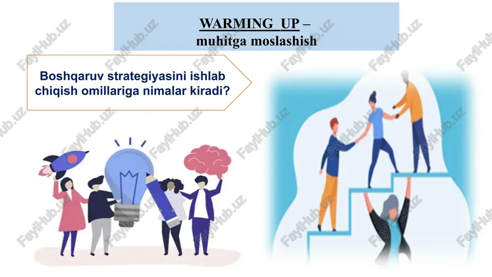 antirish ta’minlanishi lozim. strategiyani ishlab chiqishning to‘rtta bosqichi 4 strategik faoliyat natijalari 3 strategik faoliyatni amalga oshirish strategik baholash 1 2 strategik faoliyatni rejalashtirish strategik boshqaruv algoritmi 1 swot tahlil smart mezonlar boshqaruv usullari, liderlik monitoring, kpi samara, sifat baholash rejalashtirish faoliyat nazorat natija 2 3 4 5 o‘lchab bo‘ladigan aniq mos, tegishli chegara-langan erishib bo‘ladigan smart (aqlli) aniq 1.nimaga erishmoqchiman? mud-datli 1.muddatni belgilab olish o‘lchab bo‘ladi-gan 1.oldingizga o‘lchab bo‘ladigan maqsad qo‘yish erishib bo‘ladi-gan 1.qobiliyatingizni sinovdan o‘tkazish mos, tegishli 1.harakat qilib ko‘rishga arzirli maqsad bo‘lib tuyulyaptimi? 2.nega aynan shu maqsadga yetishmoqchiman? 3.bu jarayonning ishtirokchilari kimlar? 4.u qayerda joylashgan? 5.qanday resurs va cheklovlar mavjud? 2.o‘rnatilgan sanadan og‘ishmaslik 2.qanaqa? 3.nechta? 4.maqsadga erishganimni qanday bilaman? 2.iloji bor ishni tanlash 3.oldin ahamiyat berilmagan imkoniyat va resurslarni aniqlab olish 4.bu maqsadni qanday amalga oshirish mumkin? 5.boshqa cheklovlar yo‘qmi? (moliyaviy) 2.shu narsa hozir sizga kerakmi? 3.bu siznining boshqa ehtiyojlaringiz bilan mosmi? 4.shu maqsadga yetishishga mos insonmisiz? …