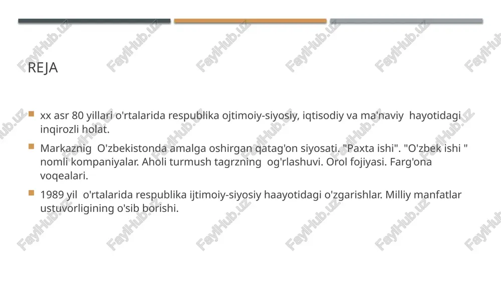 1 mahalliy xalqlar tarixi o'zbekistondagi mahalliy xalqlar, masalan, o'zbeklar, qozoqlar va qoraqalpoqlar tarixan bir-biri bilan o'zaro aloqada bo'lgan. 2 etnik guruhlar o'zaro aloqalari qayta qurish davrida etnik guruhlar o'rtasida muloqot va hamkorlik kuchayib, milliy identitetni mustahkamlashda muhim rol o'ynadi. 3 kultura va an'analar mahalliy xalqlar o'rtasidagi madaniy almashinuvlar, folklor va an'analar orqali jamiyatda birlashuvni kuchaytirdi, ijtimoiy barqarorlikka hissa qo'shdi. o'zbekistonda madaniy meros va milliy identitet: qayta qurish ta'siri". 01 madaniy meros qayta qurish davrida o'zbekistonda madaniy merosni saqlash va rivojlantirishga qaratilgan harakatlar kuchaydi, xalq an'analari va urf-odatlari ahamiyati oshdi. 02 milliy identitet 1980-yillar oxirida milliy identitetni qayta tiklash jarayoni boshlandi, bu o'zbekistonning o'ziga xosligini anglash va madaniy o'ziga xoslikni kuchaytirishga olib keldi. 03 madaniy o'zgarishlar qayta qurish yillarida san'at va adabiyotda yangi yo'nalishlar paydo bo'lib, xalqning madaniy ifodasi va ijodiy salohiyati yanada kengaydi. qayta qurish davrida o'zbekistondagi ijtimiy-siyosiy muhitning o'zgarishi". 1 siyosiy o'zgarishlar qayta qurish davrida o'zbekistonda siyosiy muhit o'zgarib, …