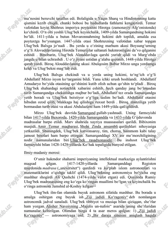 mronligi davrida u oʻz kuch va hokimiyatini oʻrnata olmadi. natijada, uning nazoratsizligidan boshqa hukmdorlar, jumladan, uning oilasi foydalanishdi va keyinchalik u agʻdarilib, oʻldirildi. u turon hukmdori amir temurning nabirasi va shohrux mirzoning oʻgʻli edi. onasi turkiy qabila zodagonlaridan gavharshod begim edi. u bobosining eronga yurishi paytida sultoniya shahrida tugʻilgan. unga mirzo muhammad taragʻay ismi berildi. ulugʻbek asli ism emas, balki „buyuk hukmdor (bek)“ maʼnosini beruvchi taxallus edi. bolaligida u yaqin sharq va hindistonning katta qismini kezib chiqdi, chunki bobosi bu hududlarda fathlarni kengaytirdi. temur vafotidan keyin shohrux imperiya poytaxtini hirotga (zamonaviy afgʻonistonda) koʻchirdi. oʻn olti yoshli ulugʻbek keyinchalik, 1409-yilda samarqandning hokimi boʻldi. 1411-yilda u butun movaronnahrning hokimi deb topildi, amalda esa poytaxtga boʻysungan. 1447-yilda otasi shohruxning vafotidan xabar topgan ulugʻbek balxga joʻnadi . bu yerda u oʻzining marhum akasi boysungʻurning oʻgʻli alovuddavlaning hirotda temuriylar saltanati hukmronligini daʼvo qilganini eshitdi . binobarin, ulug‘bek alouddavlaga qarshi yurish qildi va murg‘obda jangda u …