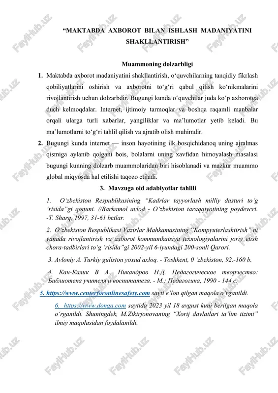 maqsad. 1. axborot savodxonligini oshirish o‘quvchilar ma'lumotni topish, baholash va undan samarali foydalanishni o‘rgatish. bunga manbalarning ishonchliligini tushunish, fakt va fikrni farqlash va tarafkashlikni tan olish kiradi. 2. tanqidiy fikrlashni rivojlantirish: o‘quvchilar tanqidiy fikrlash qobiliyatiga ega bo‘lishlari zarur. bu qobiliyat ularning noto‘g‘ri ma’lumotlarni tanib olishlari va ularga to‘g‘ri yondashishlariga yordam beradi. 3. jamiyatga foydasi: axborot madaniyatiga ega bo‘lgan o‘quvchilar kelajakda jamiyatning faol, ongli va mas’uliyatli a’zolari bo‘lishadi. bu esa umuman jamiyatning rivojlanishiga katta hissa qo‘shadi. 4. axborotning ishonchliligi: yangi texnologiyalar tufayli axborotga kirish yanada osonlashdi, ammo bu axborotning ishonchliligi va haqiqatligi masalalari ham dolzarb bo‘lib qolmoqda. o‘quvchilarni ishonchli manbalarni aniqlashga va foydalanishga o‘rgatish kerak. 5. raqamli madaniyat: bugungi raqamli dunyoda o‘quvchilarning raqamli madaniyatga ega bo‘lishlari muhimdir. bu ularga internetda mas’uliyatli va ehtiyotkorlik bilan harakat qilish, shaxsiy ma’lumotlarini himoya qilish va boshqa foydalanuvchilarga hurmat bilan munosabatda bo‘lishni o‘rgatadi. 6. ta’lim samaradorligi: axborot madaniyatiga ega bo‘lgan o‘quvchilar o‘z ta’lim jarayonlarida muvaffaqiyatliroq bo‘lishadi. …