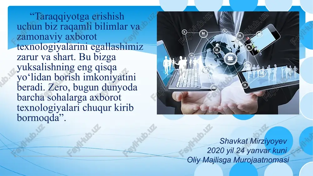 centerforonlinesafety.com sayti e’lon qilgan maqola o‘rganildi. 6. https://www.donga.com saytida 2023 yil 18 avgust kuni berilgan maqola o‘rganildi. shuningdek, m.zikirjonovaning “xorij davlatlari ta’lim tizimi” ilmiy maqolasidan foydalanildi. mavzuga oid adabiyotlar tahlili 4 mavzuga oid bo‘lgan meyoriy-huquqiy hujjatlar o‘zbekiston respublikasi maktabgacha va maktab ta’limi vazirligining 2024-yil 5-yanvardagi 8-son buyrug’i (2-ilova) oʻzbekiston respublikasi vazirlar mahkamasining 2019-yil 30-sentabrdagi 823-son qarori maktabgacha va maktab ta’limi vazirligining 2023-yil 22-sentabrdagi “metodik xizmat ko‘rsatish bo‘limlari faoliyatini yanada takomillashtirish to‘g’risida”gi 351-son buyrug’i oʻzbekiston respublikasi prezidentining “2022-2026-yillarda xalq ta’limini rivojlantirish bo‘yicha milliy dasturni tasdiqlash to‘g’risida” 2022-yil 11-maydagi pf-134-son farmoni oʻzbekiston respublikasi vazirlar mahkamasining 2019-yil 22-apreldagi 343-son qarori tanqidiy fikrlashni rivojlantirish: o‘quvchilar tanqidiy fikrlash qobiliyatiga ega bo‘lishlari zarur. bu qobiliyat ularning noto‘g‘ri ma’lumotlarni tanib olishlari va ularga to‘g‘ri yondashishlariga yordam beradi. raqamli madaniyat: bugungi raqamli dunyoda o‘quvchilarning raqamli madaniyatga ega bo‘lishlari muhimdir. bu ularga internetda mas’uliyatli va ehtiyotkorlik bilan harakat qilish, shaxsiy ma’lumotlarini himoya qilish va boshqa foydalanuvchilarga hurmat bilan munosabatda …