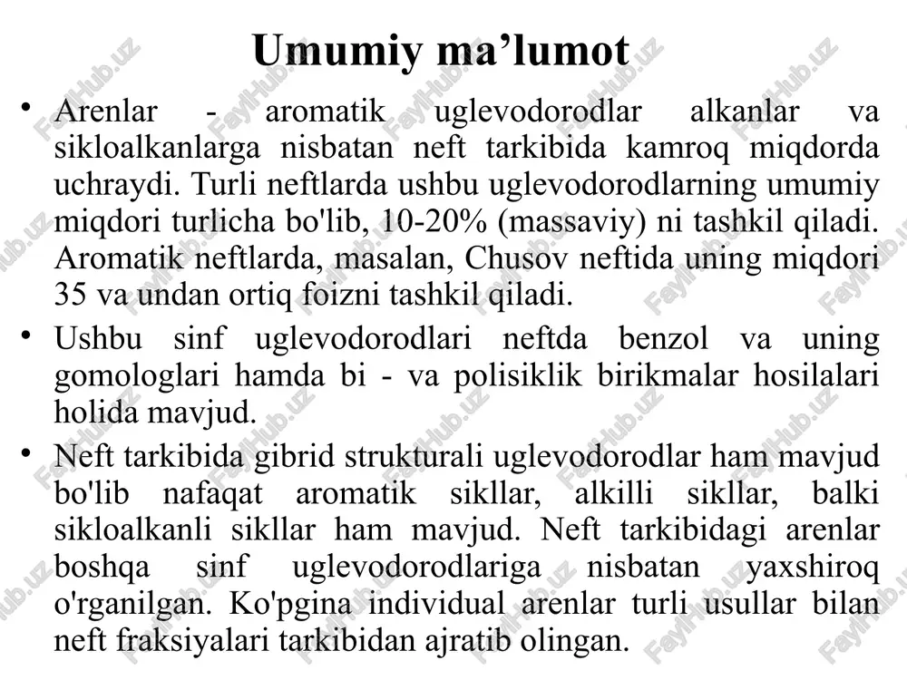 ham topilgan. o g'ir gazoyl, moy va oliy fraksiyalarda, shu bilan birgalikda, politsiklik arenlar ham aniqlangan. umumiy ma’lumot ular va ularning alkilli hosilalari (asosan metilli) quyidagilardir: monotsiklik arenlar, di- va politsikliklarga nisbatan benzin va kerosin fraksiyalarida ko'proq mavjud bo'lib, ushbu qonuniyat gazoyl va moy fraksiyalariga ham taalluqlidir. benzol halqasida yon zanjirda 1 yoki 2 metil guruxi va bir - kam tarmoqlangan uzun alkil radikali bo'ladi. umuman olganda neftlar tarkibiga kirgan arenlar miqdori quyidagicha bo'lishi kuzatiladi, massaviy % hisobida: benzol - 67% naftalinlar - 18% fenantrenlar - 8% xrizenlar va benzofluorenlar - 3% pirenlar - 2% antratsenlar - 1% boshqa aromatik uglevodorodlar - 1% arenlarning fizik xossalari arenlarning ayrim xossalari quyidagi 9-jadvalda keltirilgan. arenlar alkanlar va sikloalkanlarga nisbatan yuqoriroq zichlik va sindirish ko'rsatkichlariga egadir. arenlar polyar absorbentlar tomonidan yaxshi yutiladilar. ko'pchilik polyar erituvchilarda tanlab eriydilar. arenlarning erish harorati nafaqat ularning molekulyar massasiga, molekulalarining shakliga ham bog'liqdir. molekulalar simmetrik bo'lgani sari ularning …