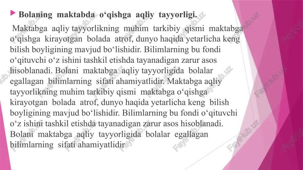 a yoshdagi bolalarga aqliy tarbiya berish vazifalaridan biridir. ko‘pincha aqliy tayyorgarlik deyilganda bolaning dunyoqarashi, jonli tabiat, insonlar va ularning mehnatlari haqidagi bilimlari tushuniladi. ushbu bilimlar maktab beradigan ta’limga asos bo‘lishi mumkin, lekin so‘z boyligi, ma’lum xatti-harakatlarni bajara olish layoqati bolaning maktabga aqliy tayyorgarligining asosiy ko‘rsatkichi bo‘la olmaydi. umumiy o‘rta ta’limning vazifalari quyidagilardan iborat: o‘quvchilar tomonidan muntazam bilimlar olinishini ta’minlash, ularda bilim olish ehtiyojini rivojlantirish, bazaviy o‘quv, ilmiy va umummadaniy bilimlarni shakllantirish; o‘quvchilarda milliy hamda umumbashariy qadriyatlarni uyg‘unlashtirish asosida yuksak ma’naviy-axloqiy fazilatlarni tarbiyalash, o‘z vataniga va xalqiga sodiq fuqaroni shakllantirish; ta’limning uzluksizligini va izchilligini, umumta’lim muassasalari o‘quv dasturlarining o‘rta maxsus, boshlang‘ich professional ta’lim muassasalari o‘quv dasturlari bilan uzviy bog‘liqligini ta’minlash; ta’lim-tarbiya jarayoniga o‘qitishning zamonaviy va innovasion pedagogik uslublarini hamda axborot-kommunikasiya texnologiyalarini keng joriy etish orqali ta’lim sifatini oshirish; o‘quvchilarning individual ijobiy xususiyatlarini aniqlash, qo‘llab-quvvatlash va rivojlantirish, ularning yuksak darajada ta’lim-tarbiya olishlari, ijodiy imkoniyatlarini shakllantirish va rivojlantirish uchun shart-sharoit yaratib berish; professional …