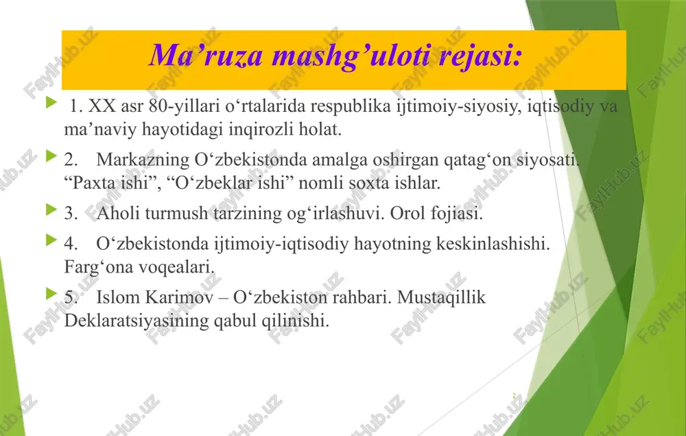 islohotlar sari. – toshkent: o‘qituvchi, 1996. 3. usmonov q., g‘aniyev d. o‘zbekiston mustaqil taraqqiyot yo‘lida. – toshkent: o‘zbekiston, 1994. 4. usmonov q., sodiqov m., burxonova s. o‘zbekiston tarixi. darslik. – toshkent: iqtisod-moliya, 2006 5. yusupov e. istiqlol yo‘lida. – toshkent: fan, 1996. 6. o‘zbekistoning yangi tarixi. mustaqil o‘zbekiston tarixi. uchinchi kitob. – toshkent: sharq, 2000. 7. o‘zbekiston tarixi (1917-1991-yillar). ikkita kitob. masʼul muharirlar r.abdullayev, m. raximov, k.rajabov. – toshkent: o‘zbekiston, 2019. 8. o‘zbekiston tarixi. darslik. r.h.murtazayevaning umumiy tahriri ostida. – toshkent, 2020. 5 mustaqillikning o‘tgan yillarida respublika tarixchi olimlari tomonidan katta ahamiyatga molik, dolzarb mavzularga bag‘ishlangan ilmiy tadqiqot ishlari amalga oshirildi, qator o‘quv adabiyotlari, darslik, qo‘llanma, monografiyalar chop etildi. taʼkidlash joizki, hozirgi kunda ham xalqimiz tarixini xolis va ilmiy asosda o‘rganish jarayoni davom etmoqda. xususan, mustaqillikning o‘tgan o‘ttiz yillik davri tarixining turli qirralari ko‘plab olimlar, izlanuvchilar uchun tadqiqot obʼyekti bo‘lib xizmat qilmoqda. o‘zbekiston o‘z rivojlanishining yangi, zamonaviy jabhasida harakatlar strategiyasida …