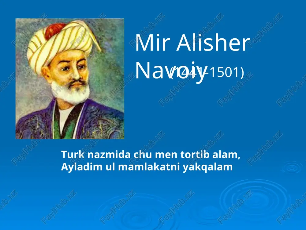 ” “vaqfiya” “ruhul-quds” “sab’atul-abhur” nasriy asarlari “mahbubul-qulub” “hamsatul-mutahayyirin” “holoti sayyid hasan ardasher” “holoti pahlavon muhammad” “munshaot” “xamsa” “hayratul-abror” “farhod va shirin” “layli va majnun” “sab’ai sayyor” “saddi iskandariy” dilbar erur tengsiz jahonda erur angahamma xushtoru banda tengsiz xushtori shaydosiman man jahonda banda man mananga dilbar erur tengsiz jahonda erur angahamma xushtoru banda tengsiz xushtori shaydosiman man jahonda banda man mananga har bir qatorni ranglar bilan ajratilga ustunlar bilan solishtiring خان jon خان jonimdag’i ,,jim’’ ikki doling’a fido, andin so’ng ,,alif’’ toza niholingg’a fido. ,,nuni’’ dog’i anbarin hiloling’a fido, qolgan ikki nuqta ikki xoling’a fido. خ ا ن savollar? mustahkamlash 2) alisher navoiy tug’ilib ijod qilgan shahar qaysi? a) samarqand b) buxoro d) astrobod e) hirot 3) navoiyning ijod qilgan sohalarni sanab bering. tilshunos davlat arbobi tarixchi va iqtisodchi dinshunos shoir adabiyotshunos ko’p tilli ijodkor 4) “xamsa” tarkibiga kiruvchi dostonlarni sanab bering. “hayratul-abror” “farhod va shirin” “layli va majnun” “sab’ai sayyor” …